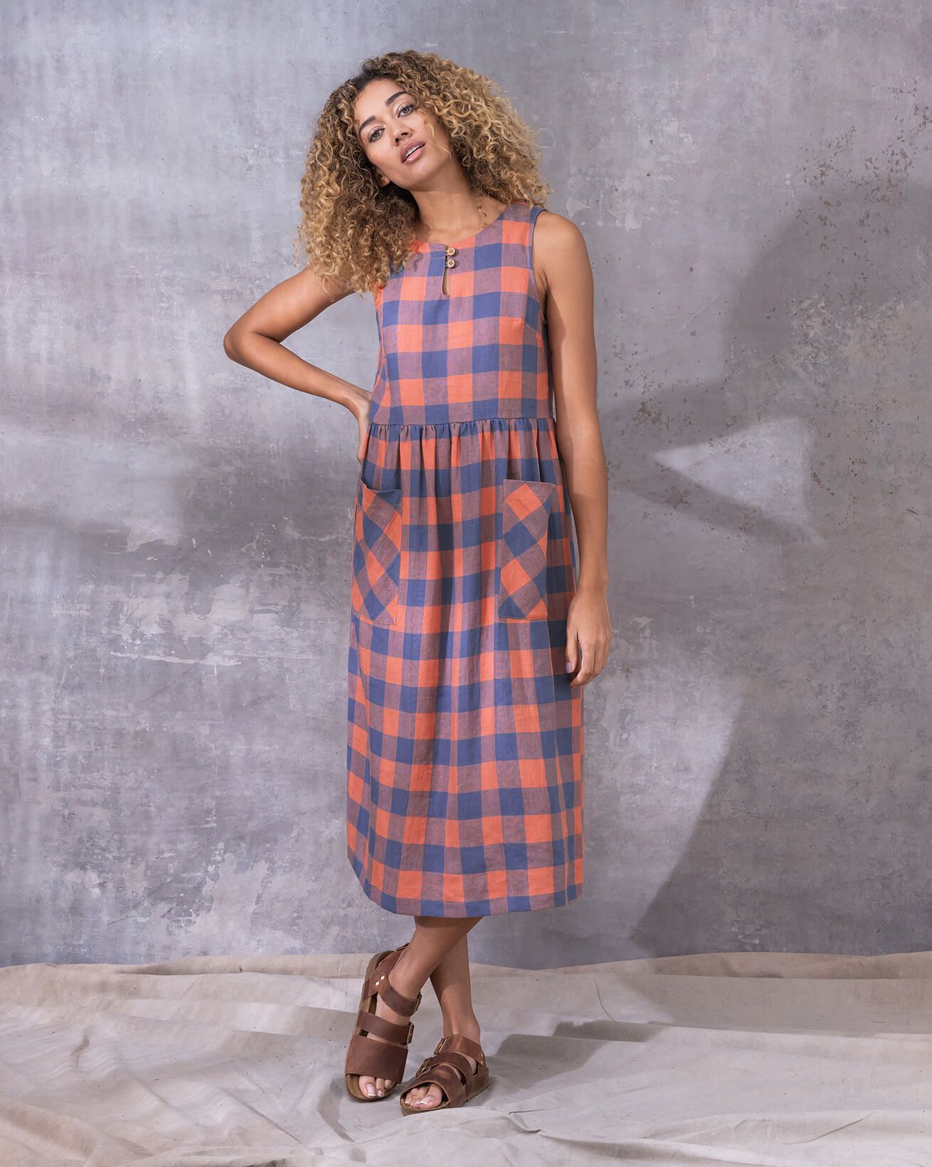 Pure Linen Button Detail Midi Dress