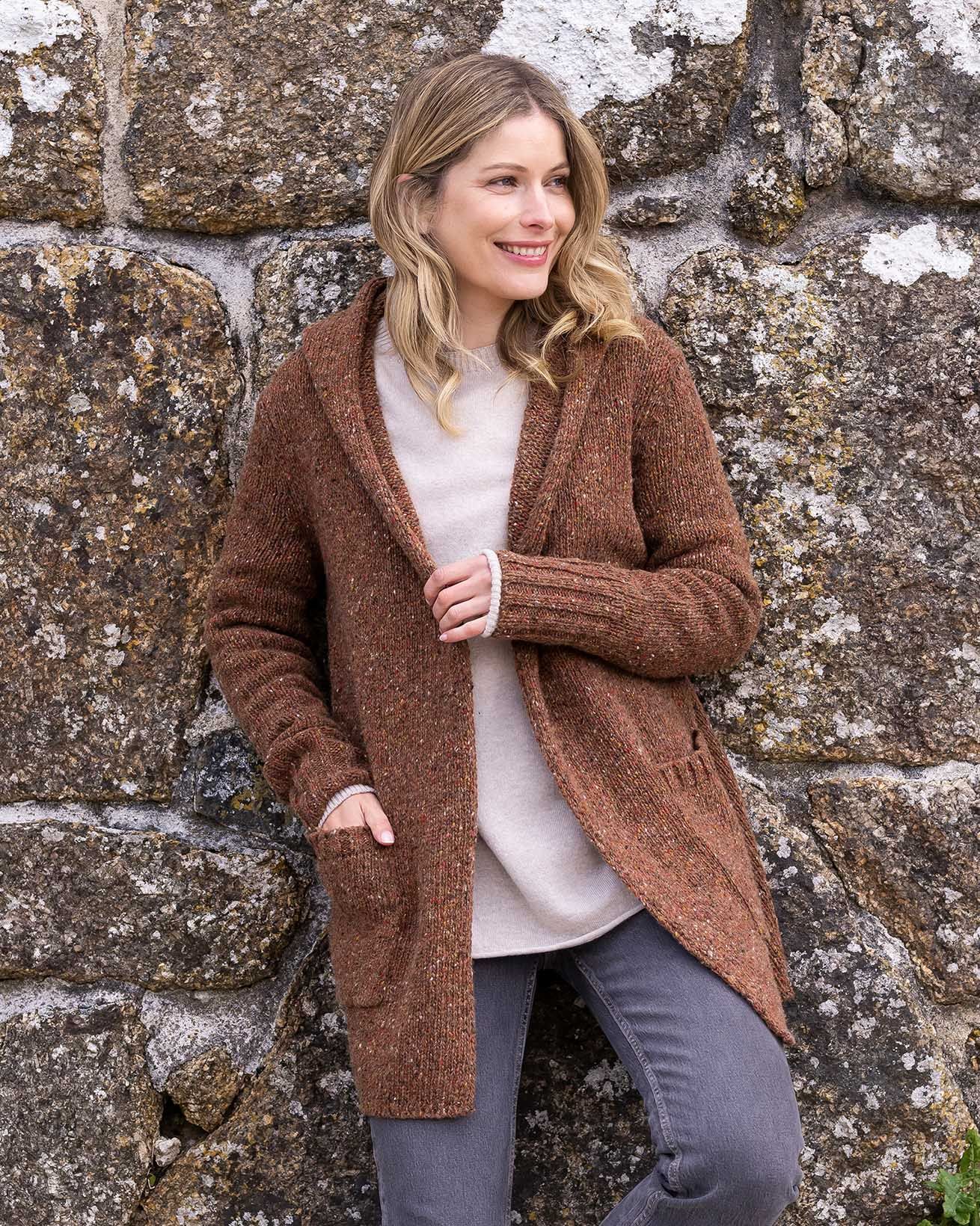 Pure Laine Femme Manteau Cardigan Coatigan à Capuche Donegal
