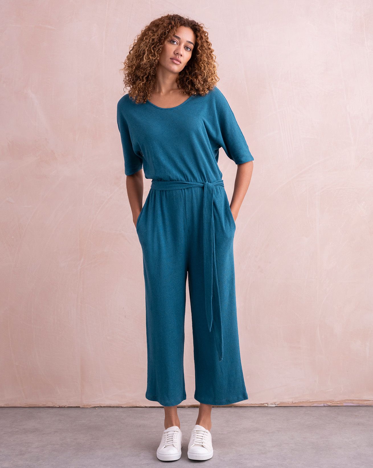Linen Blend Short Sleeve Jumpsuit