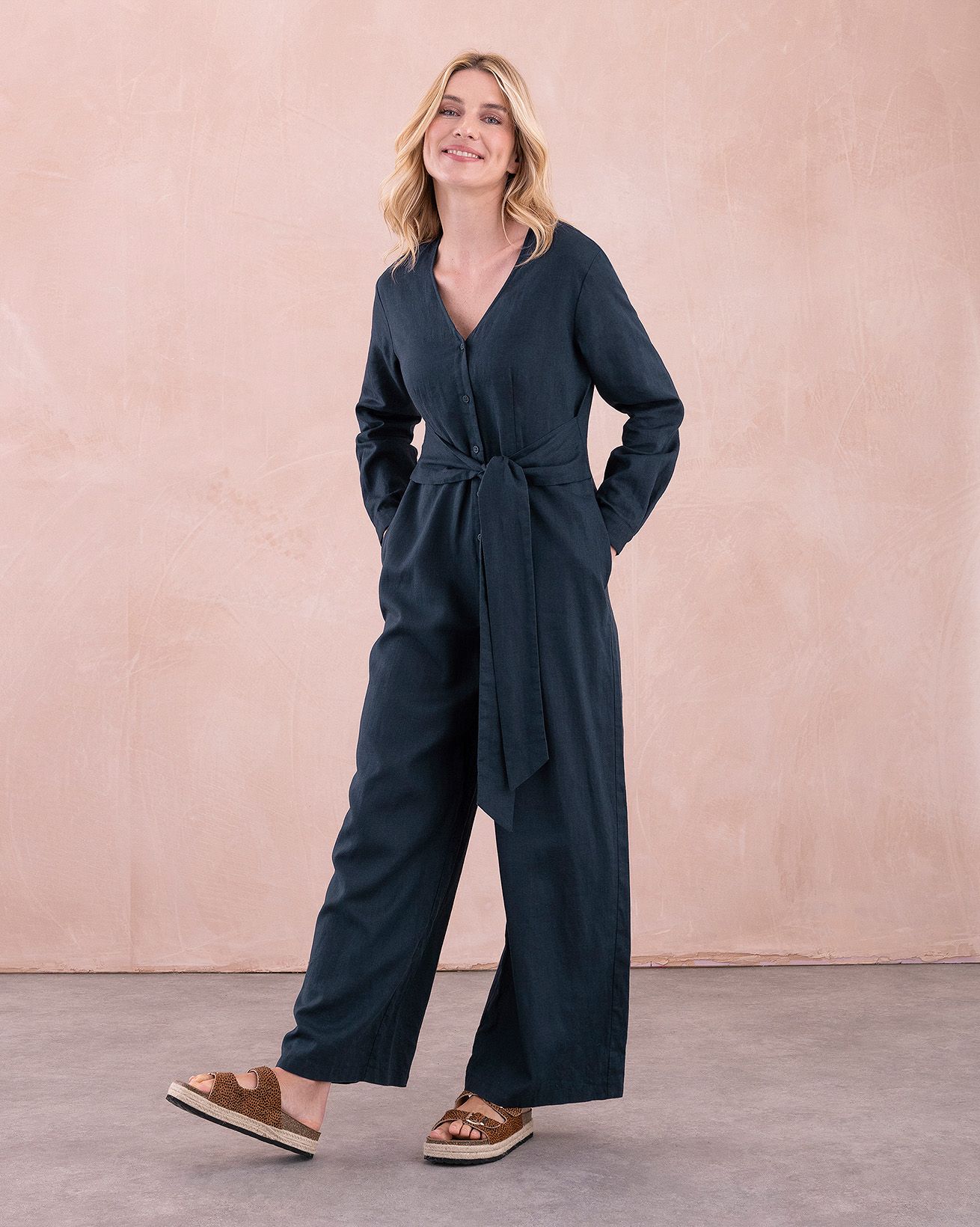 Pure Linen Tie Waist Jumpsuit