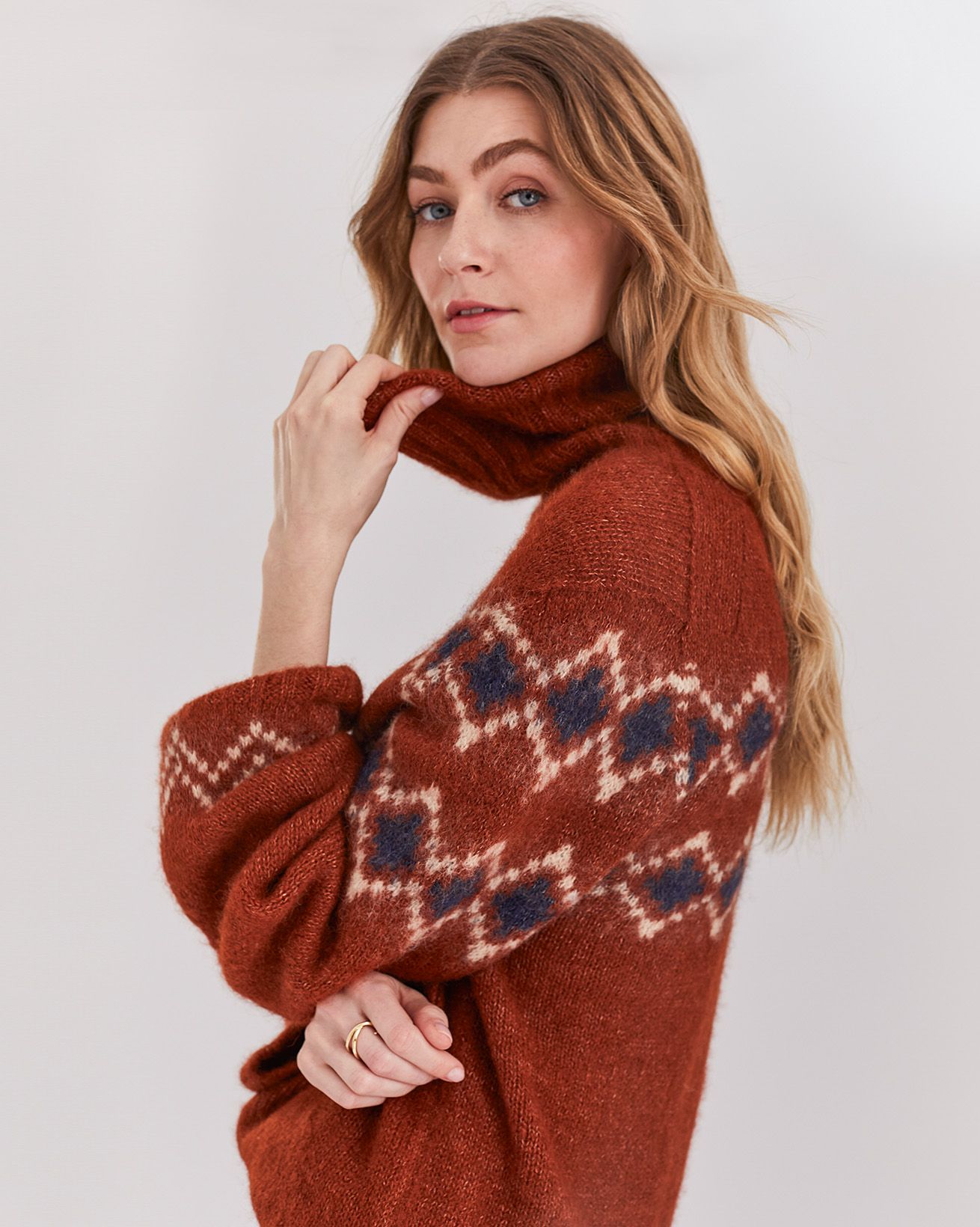 Alpaca Blend Slouch Roll Neck Fair Isle Jumper - Main Image
