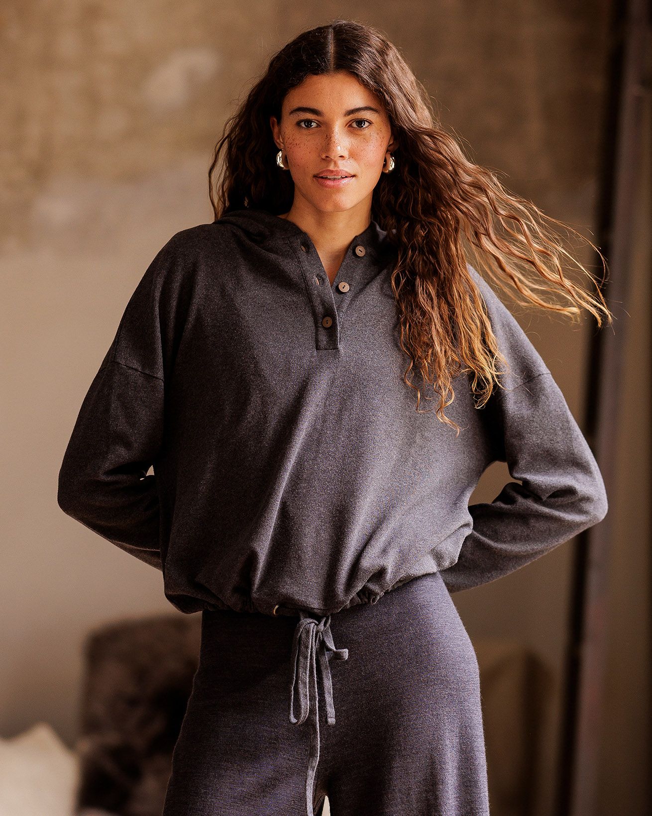 Hoodie Snuggle Lounge Jumper Button Detail Hoodie