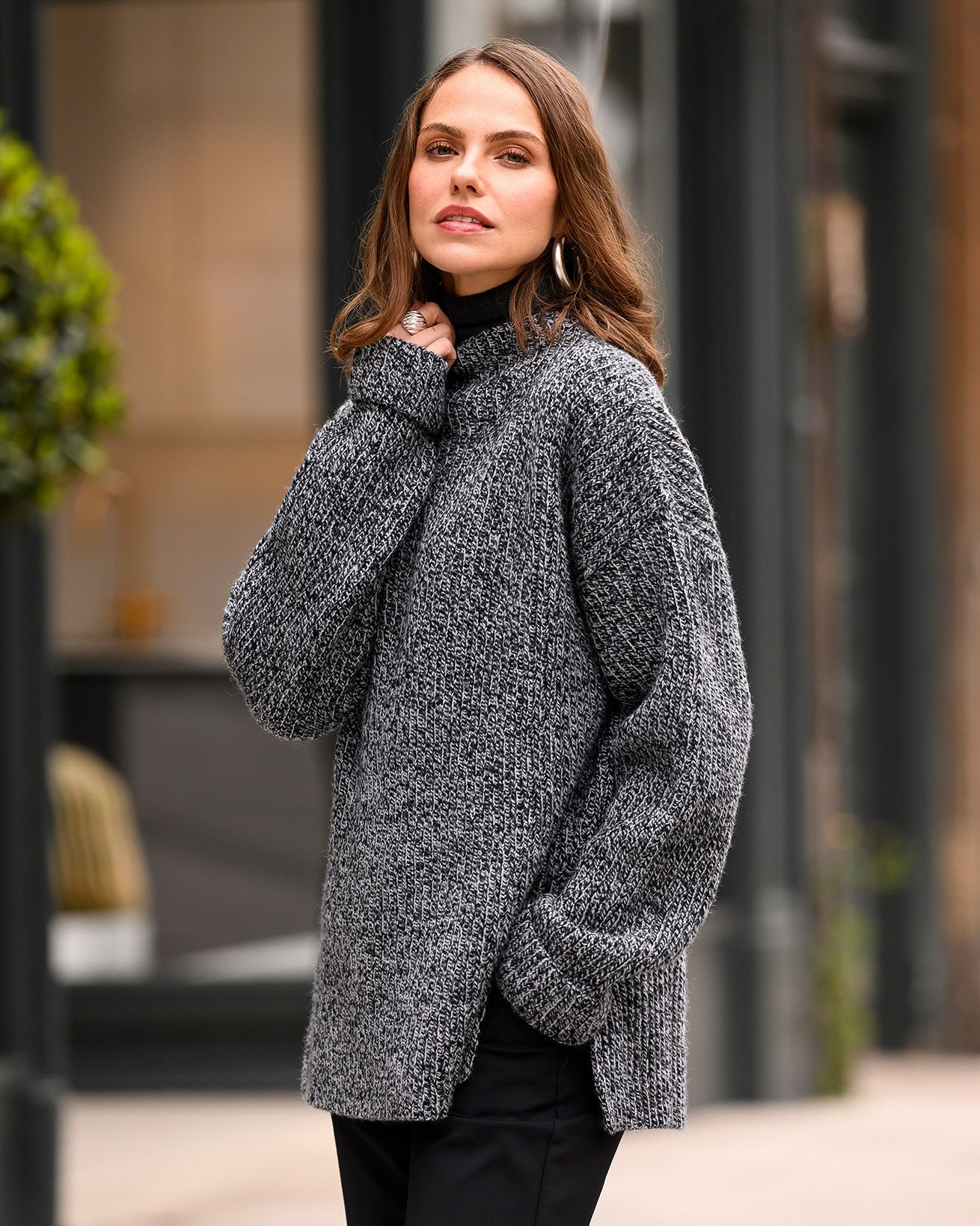 Sweater with Funnel Neck and Loose Fit - Brown