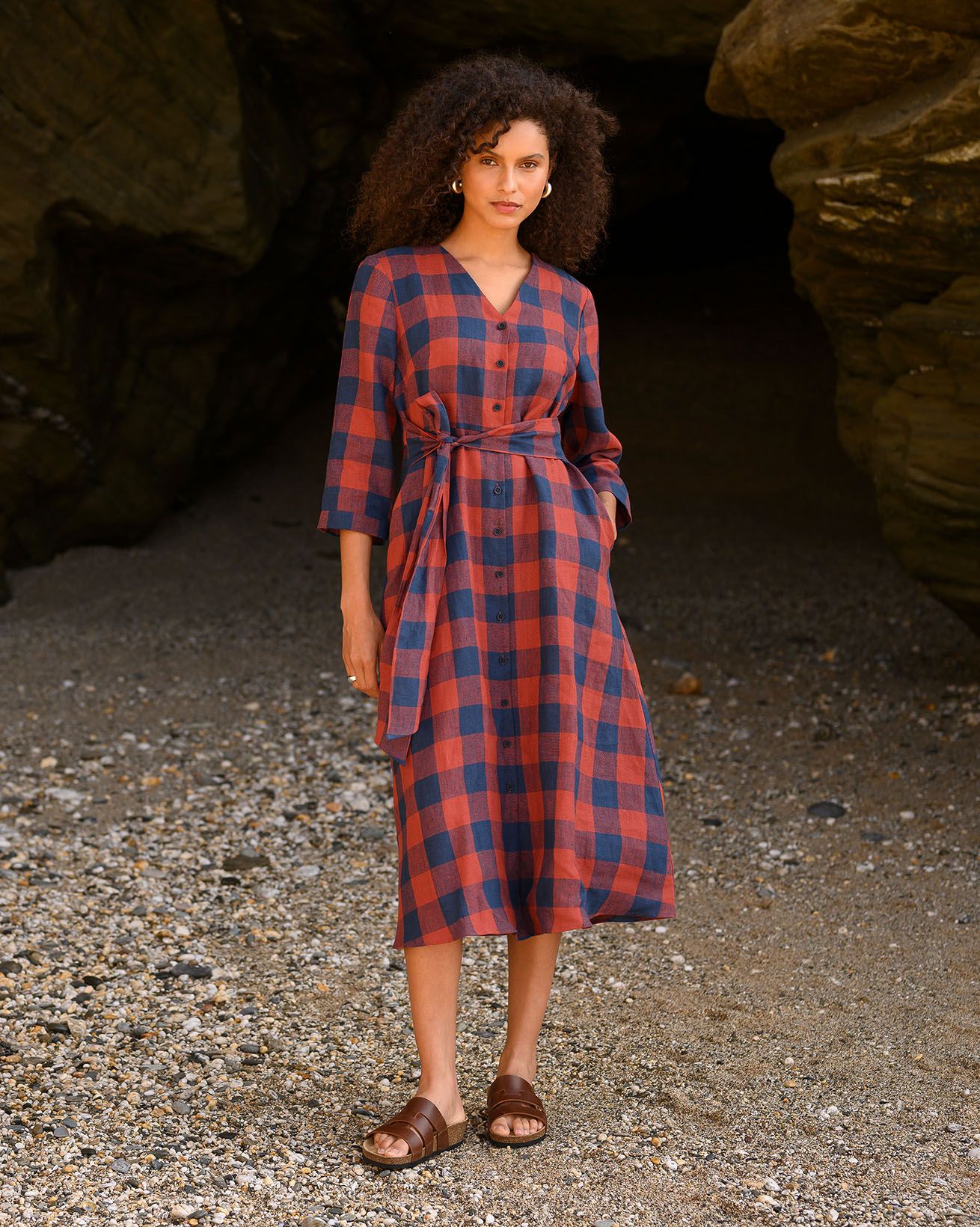 Check Tie Front Midi Shirt Dress, image size:1310x1640
