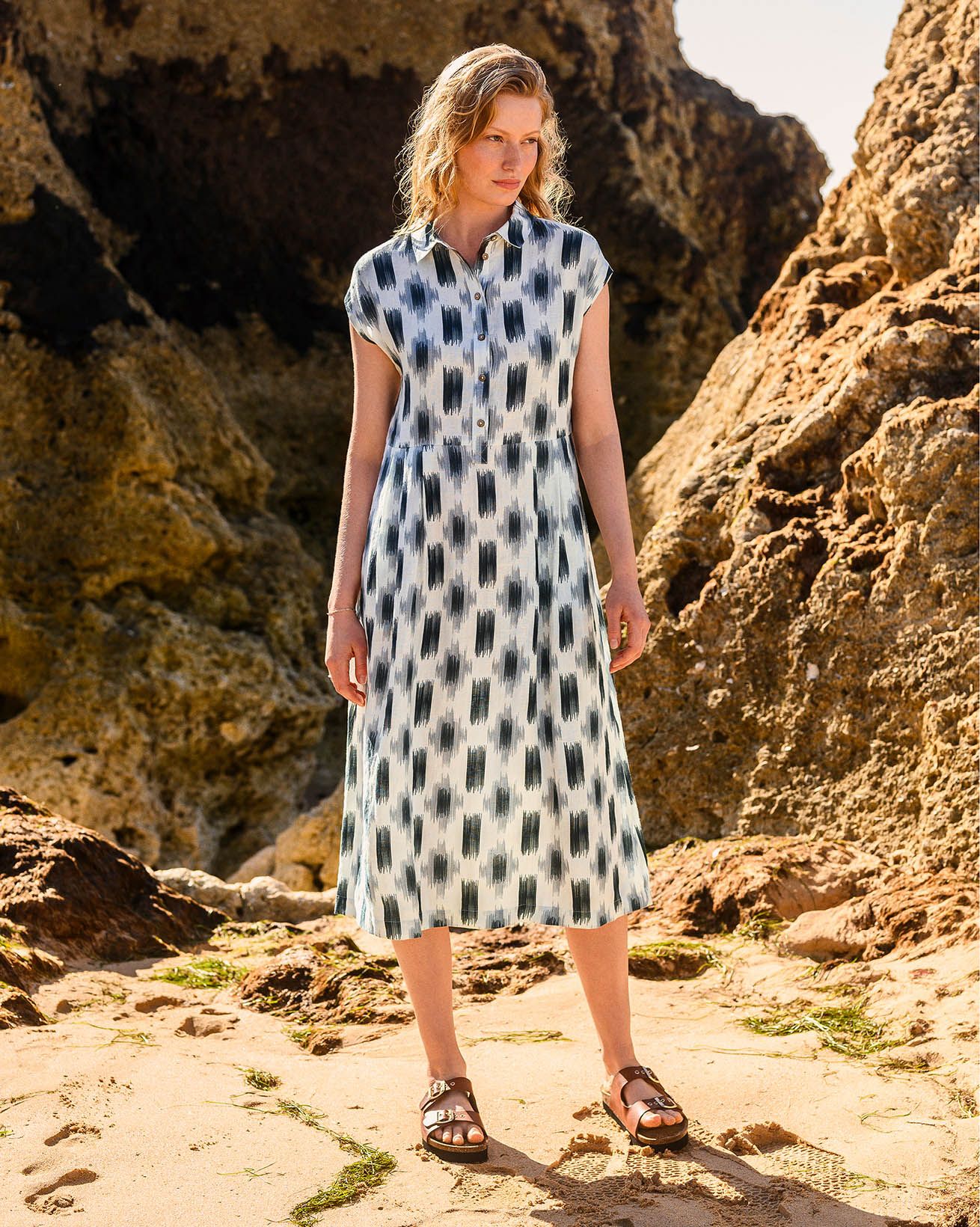 Celtic & Co. Linen Grown On Sleeve Midi Dress - Ikat Print - Ladies size 8