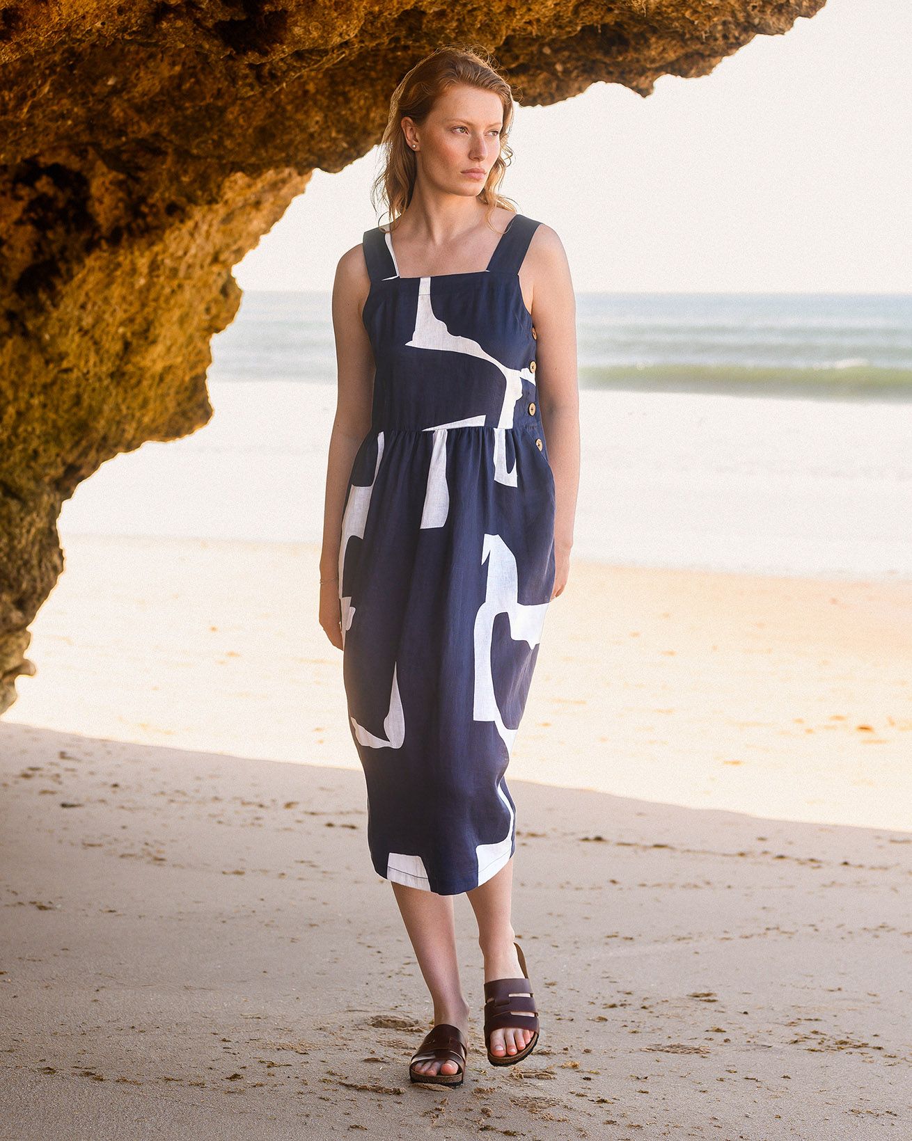 knee length dresses for ladies Linen Midi Dress in Mariner Stripe