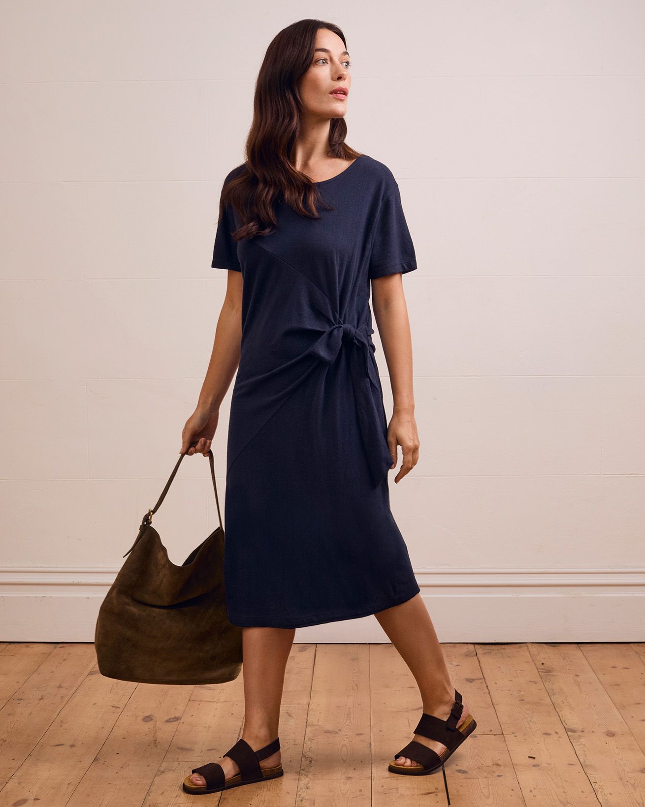 knee length dresses for ladies Linen Dress with 3/4 Sleeves and Princess Seams 'Delilah', Midi Length main image 0