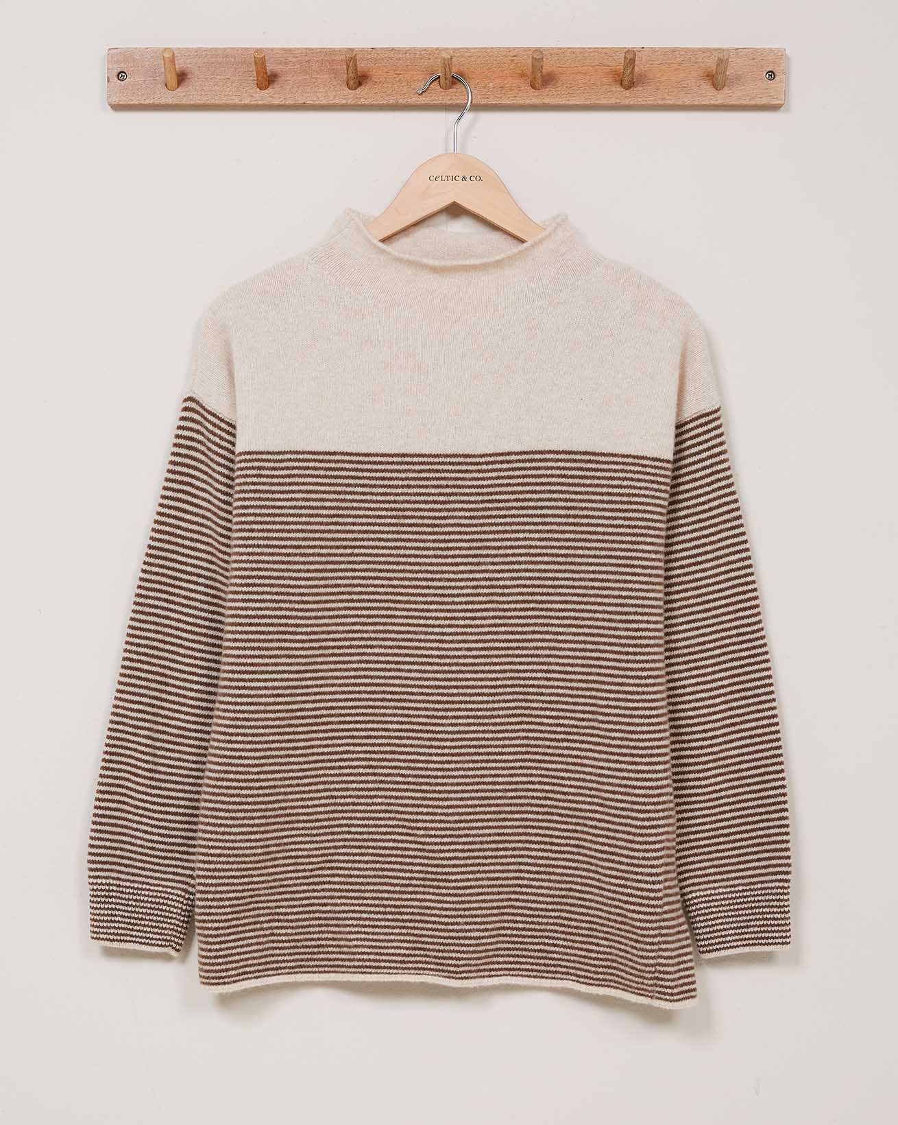 Felted Funnel Neck Jumper / Oatmeal, Camel Stripe / S