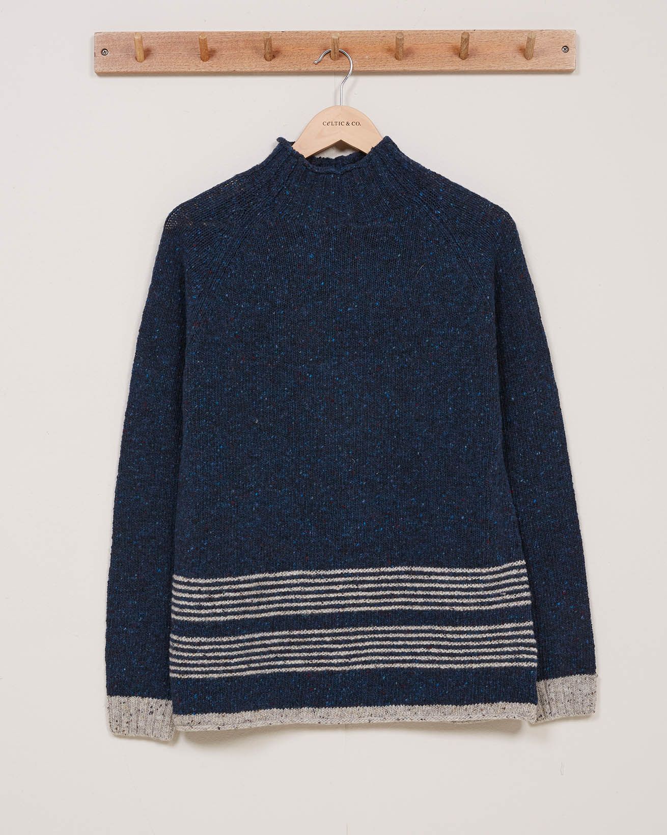 Flecked Funnel Neck Jumper / Navy, Fossil Stripe / S