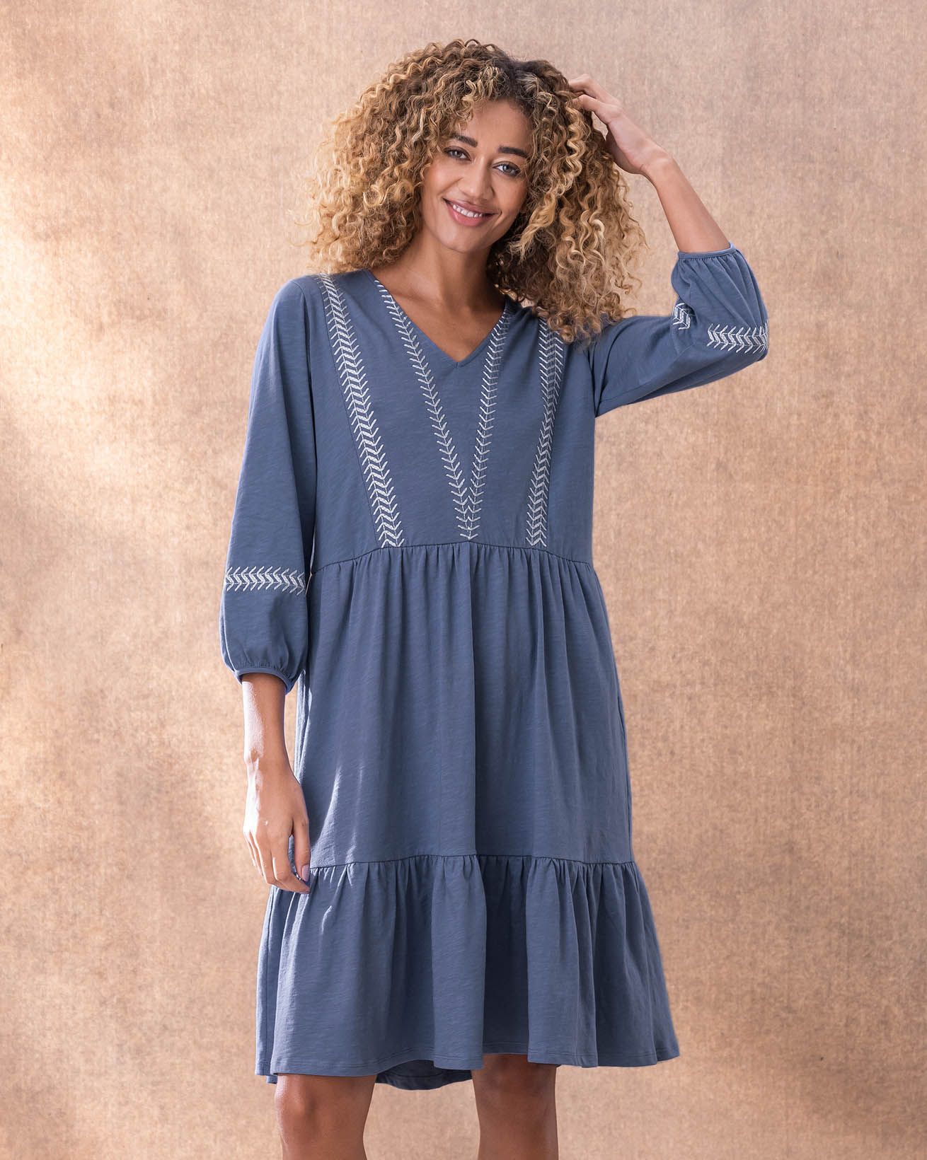 Embroidered V Neck Jersey Dress