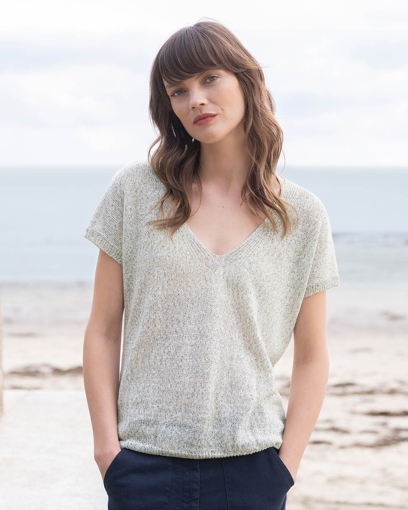 Linen Knitted V Neck T Shirt