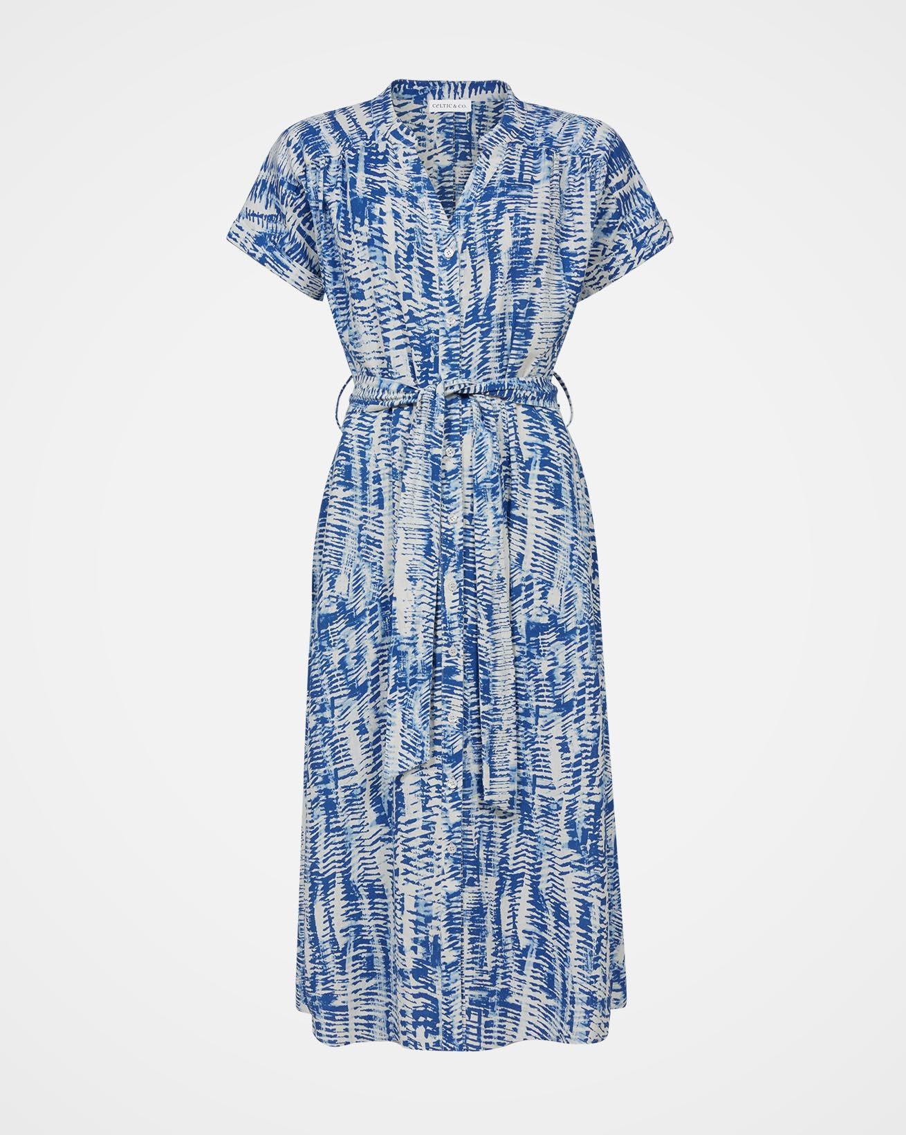 Linen Blend Button Through Dress / Indigo Chevron / 14