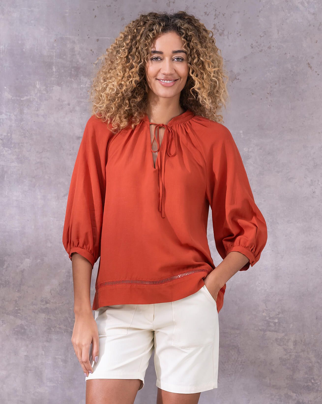 Ladder Trim Tie Neck Blouse