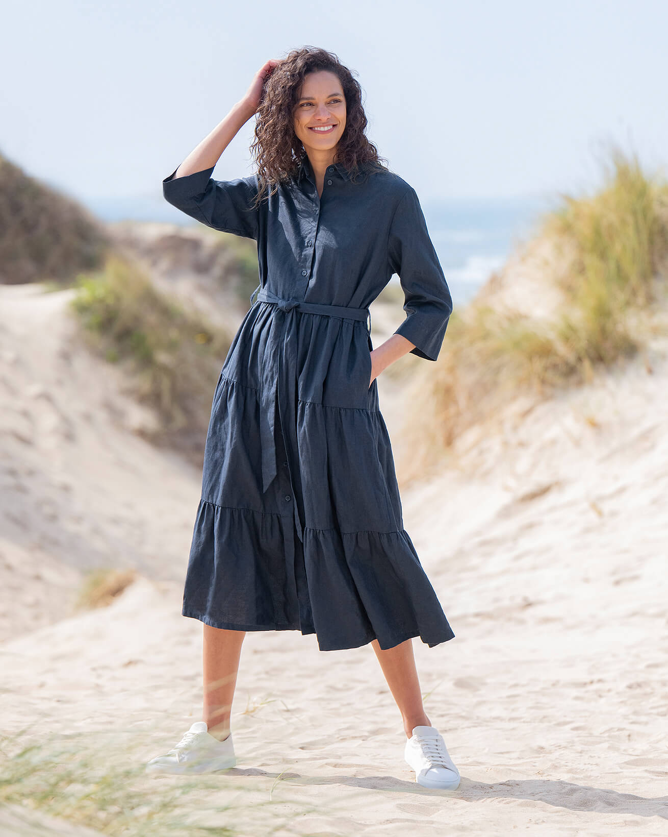 Linen Tiered Midi Shirt Dress