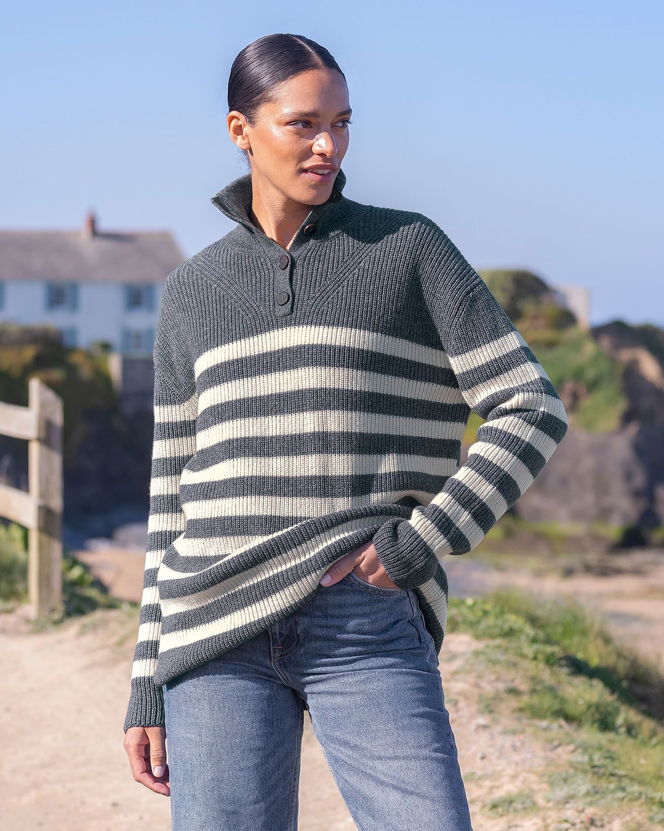Lambswool / Organic Cotton Button Neck Sweater