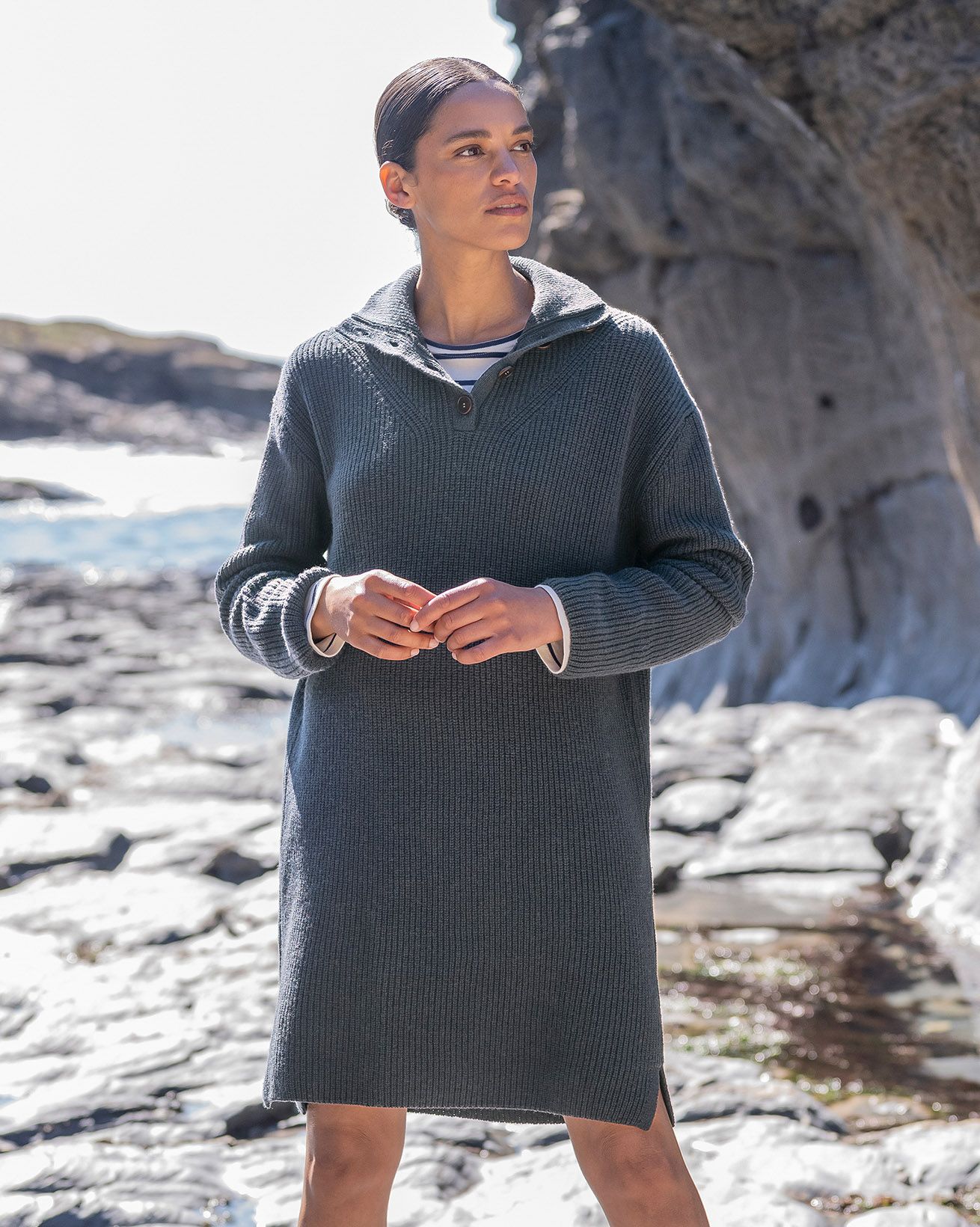 Lambswool / Organic Cotton Button Neck Rib Dress