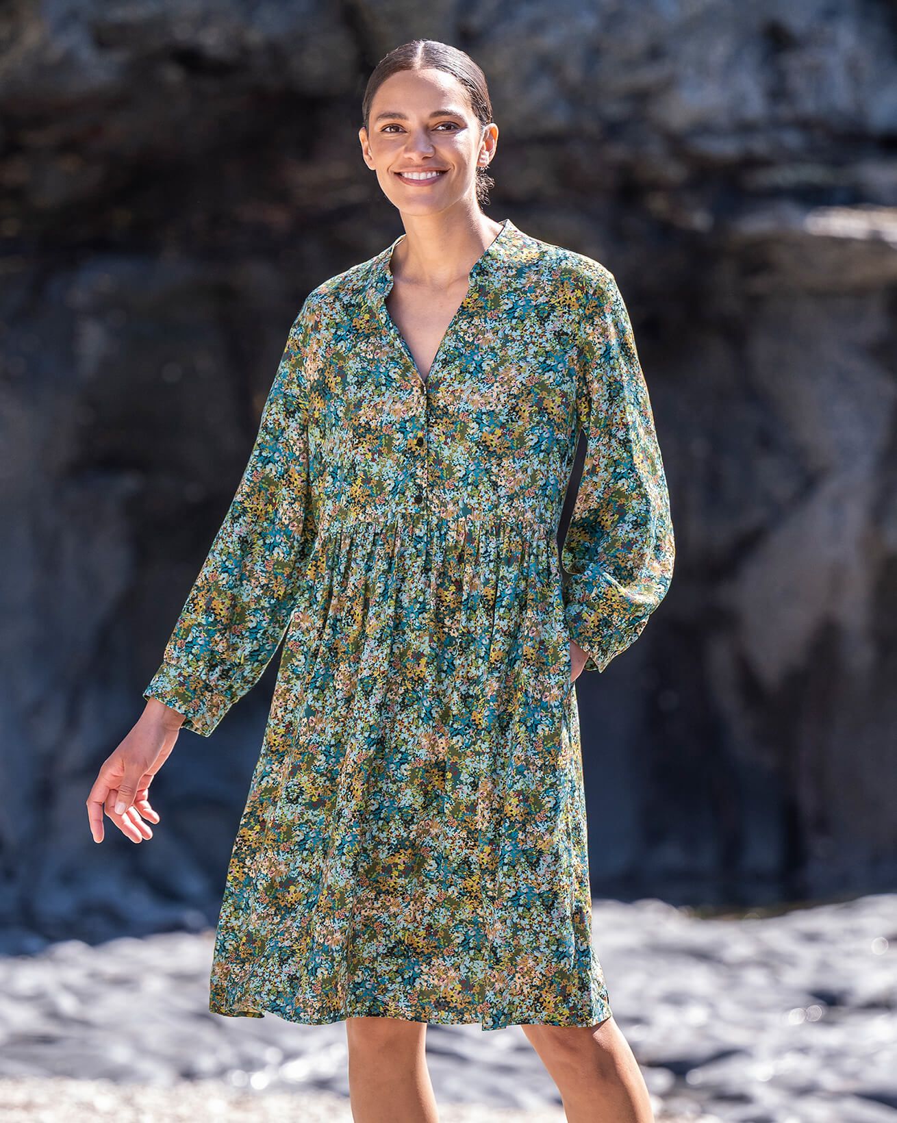 Printed Button Front Knee Length Dress