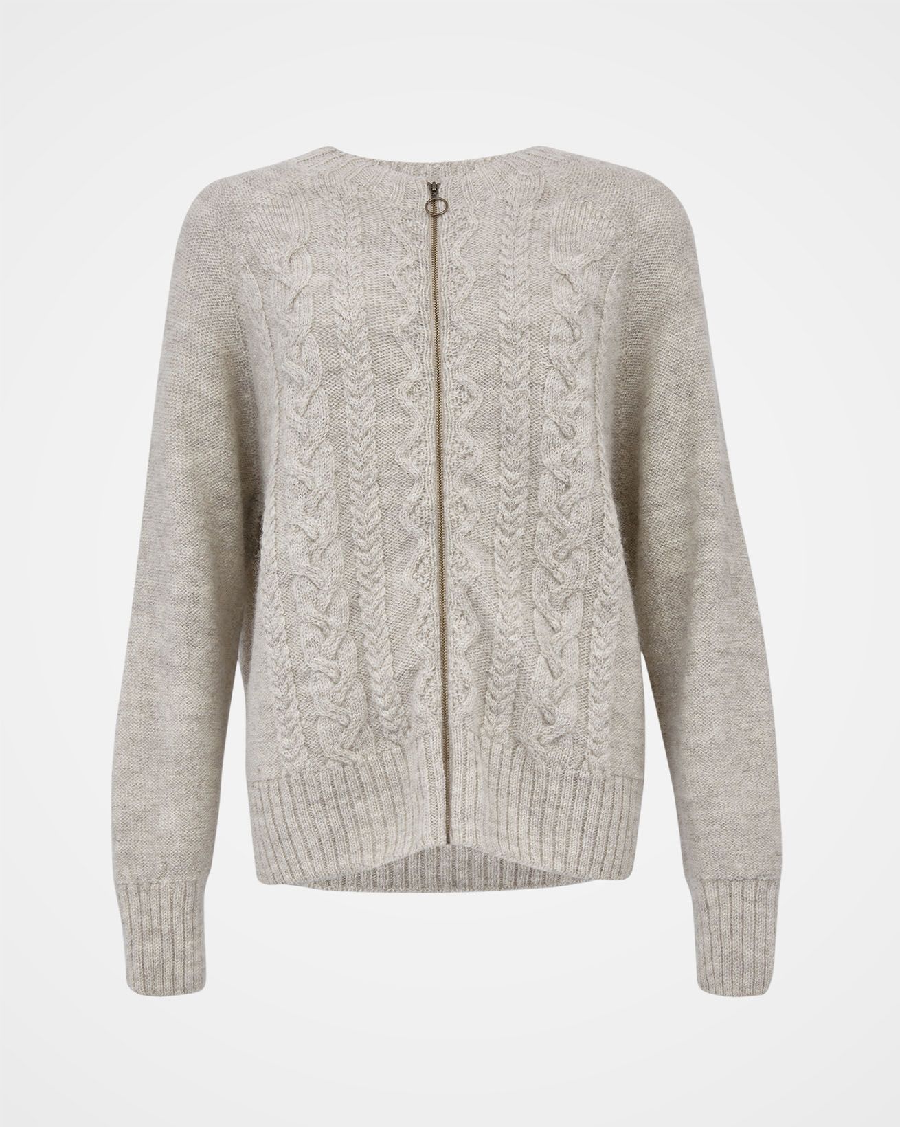 British Wool Cable Zip Cardigan / Undyed Taupe / L