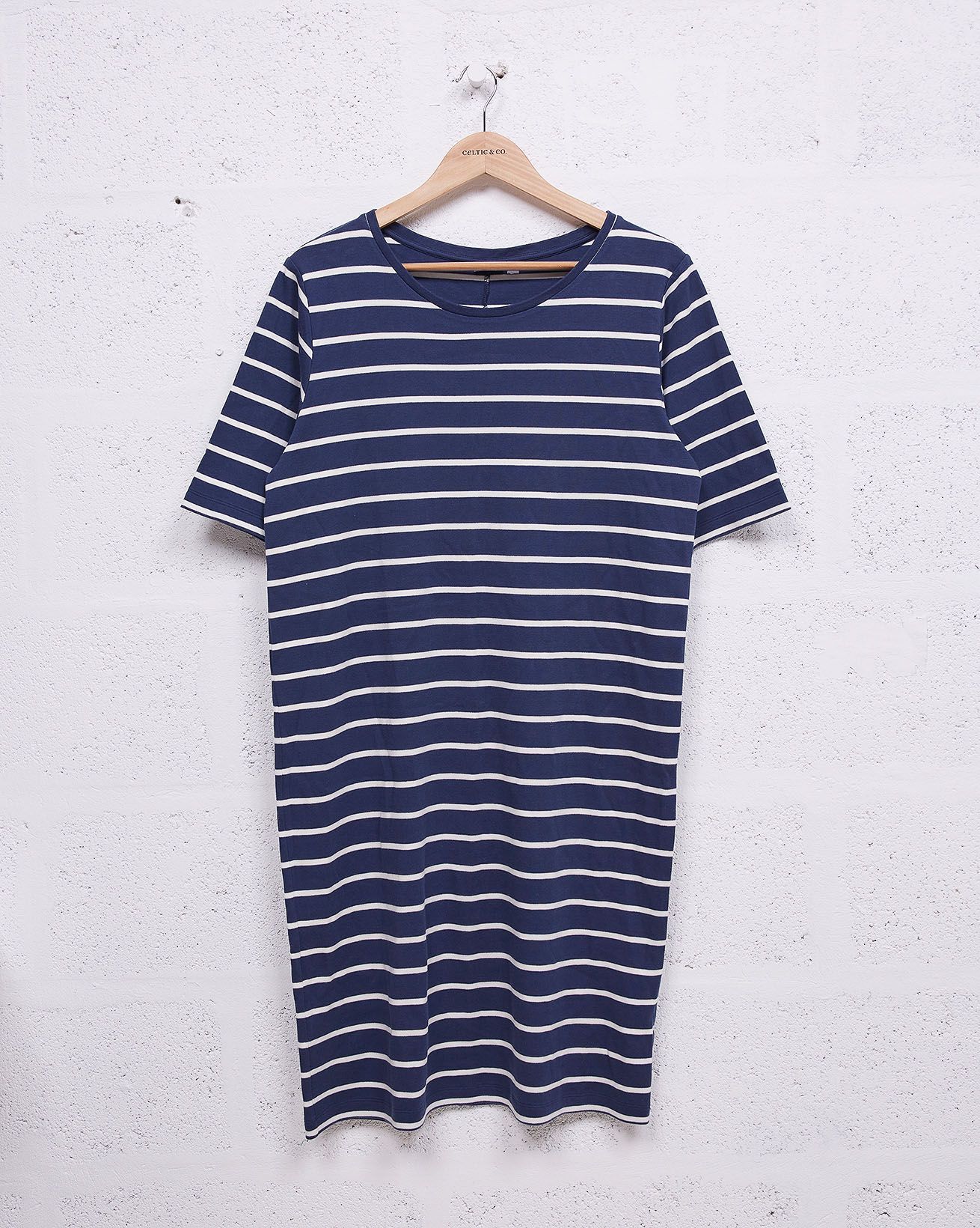Organic Cotton T-Shirt Knee Length Dress / Navy / Chalk Stripe / 10