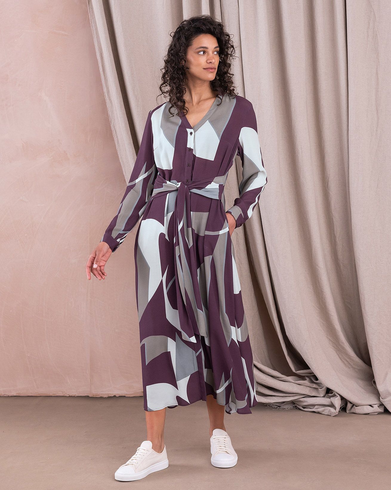 Robe Midi À Manches Longues Nouée À L’Avant