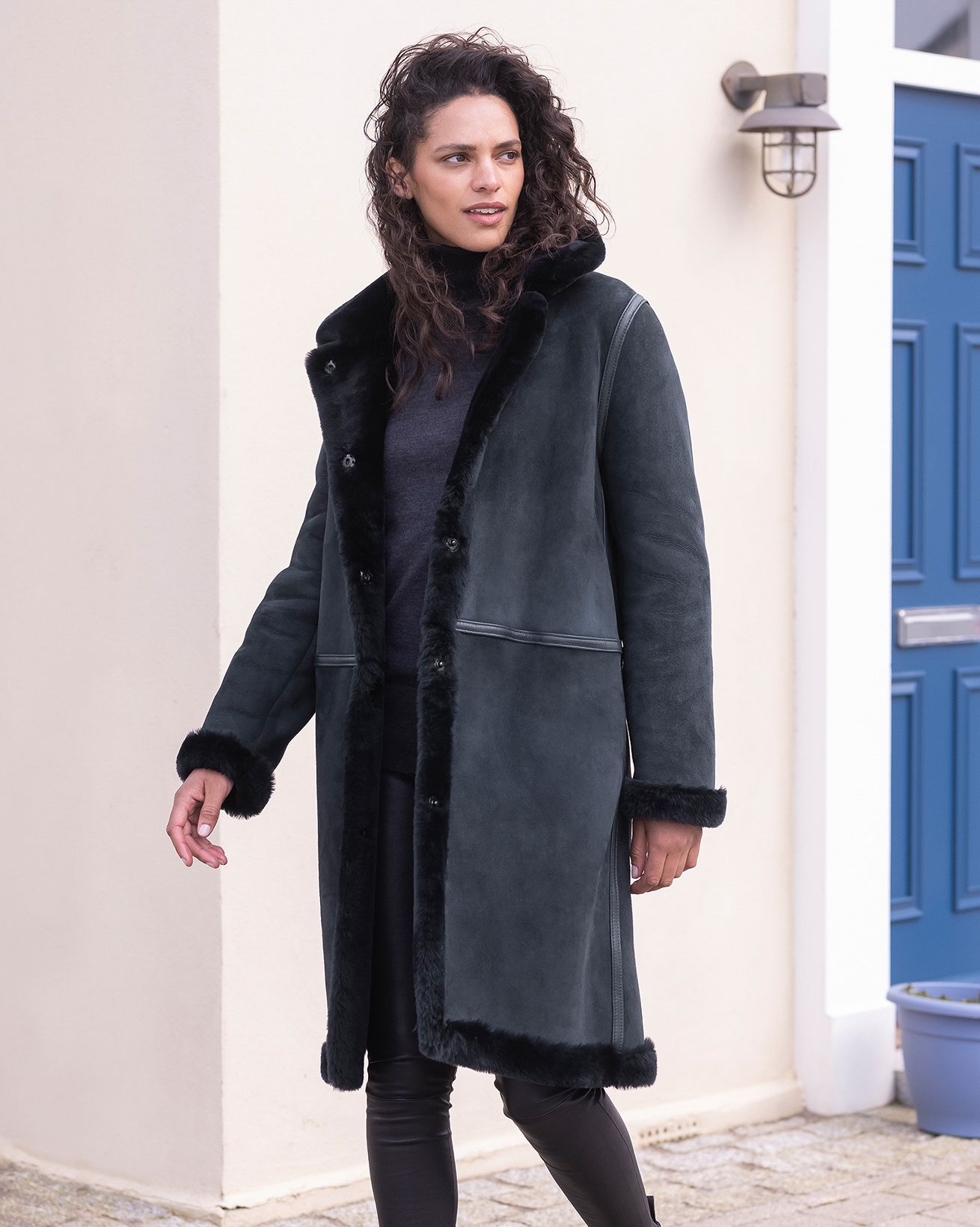 Reversible Leather Trim Sheepskin Coat