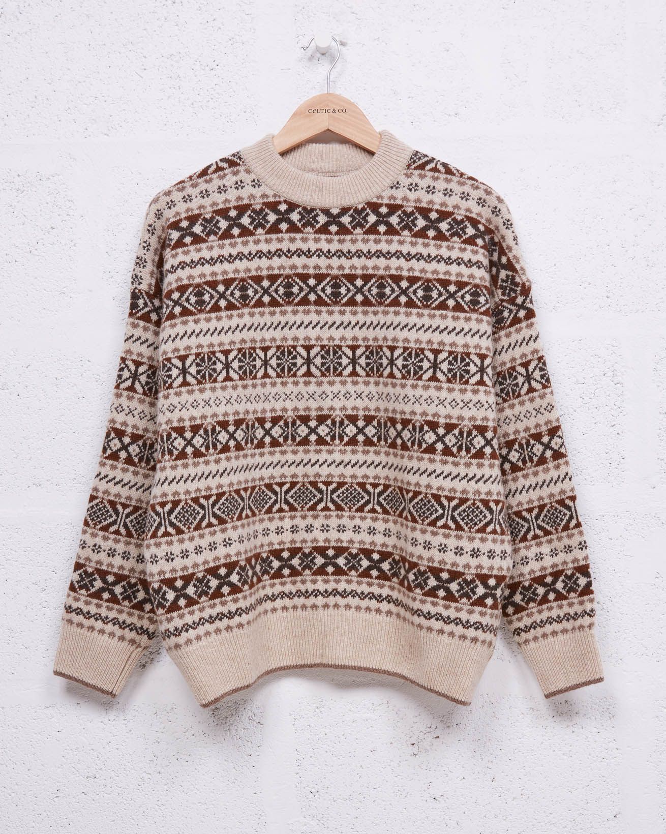 Fair Isle Crew Neck Jumper / Oatmeal/ Brown / S