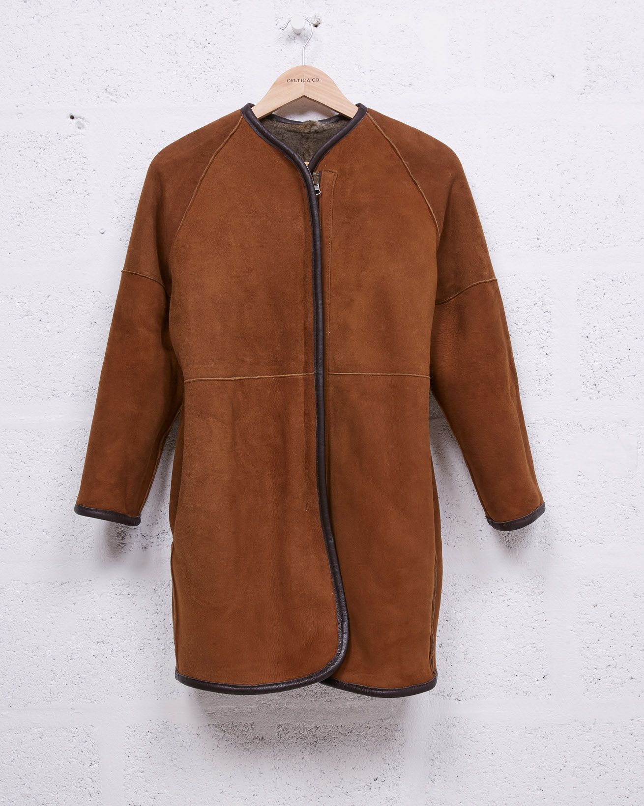 Reversible Sheepskin Collarless Coat / Autumn Brown / 10