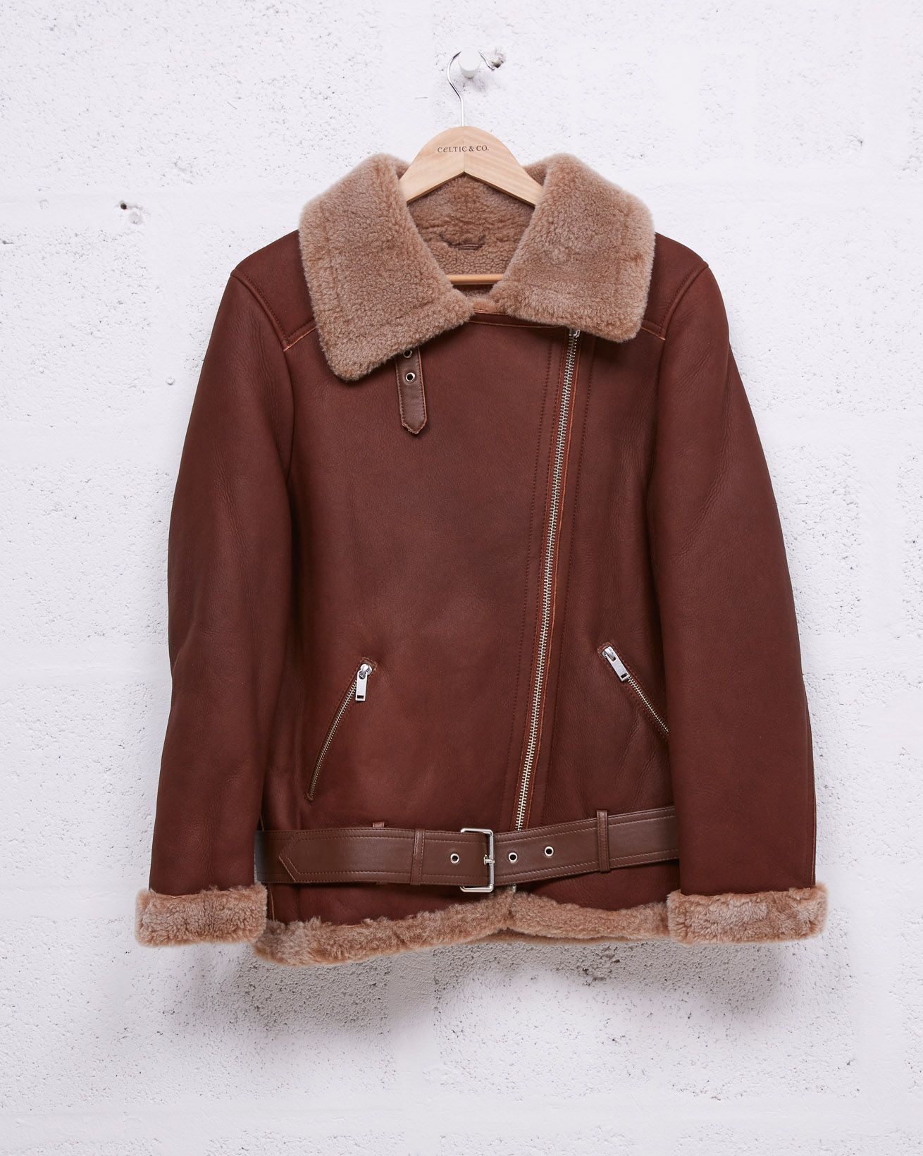 Belted Sheepskin Biker Jacket / Antique Brown / Oatmeal Trim / 10  