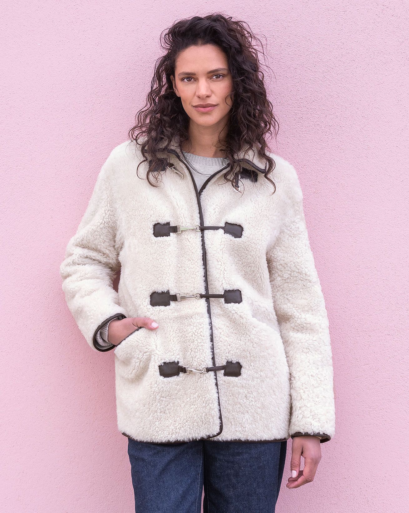 Teddy Shearling Leather Trim Jacket