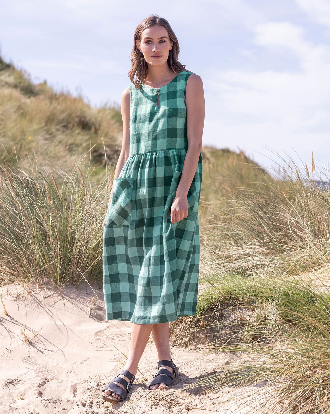 Pure Linen Button Detail Midi Dress