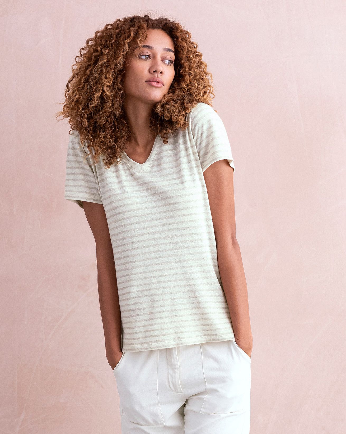 Linen Blend V Neck T Shirt