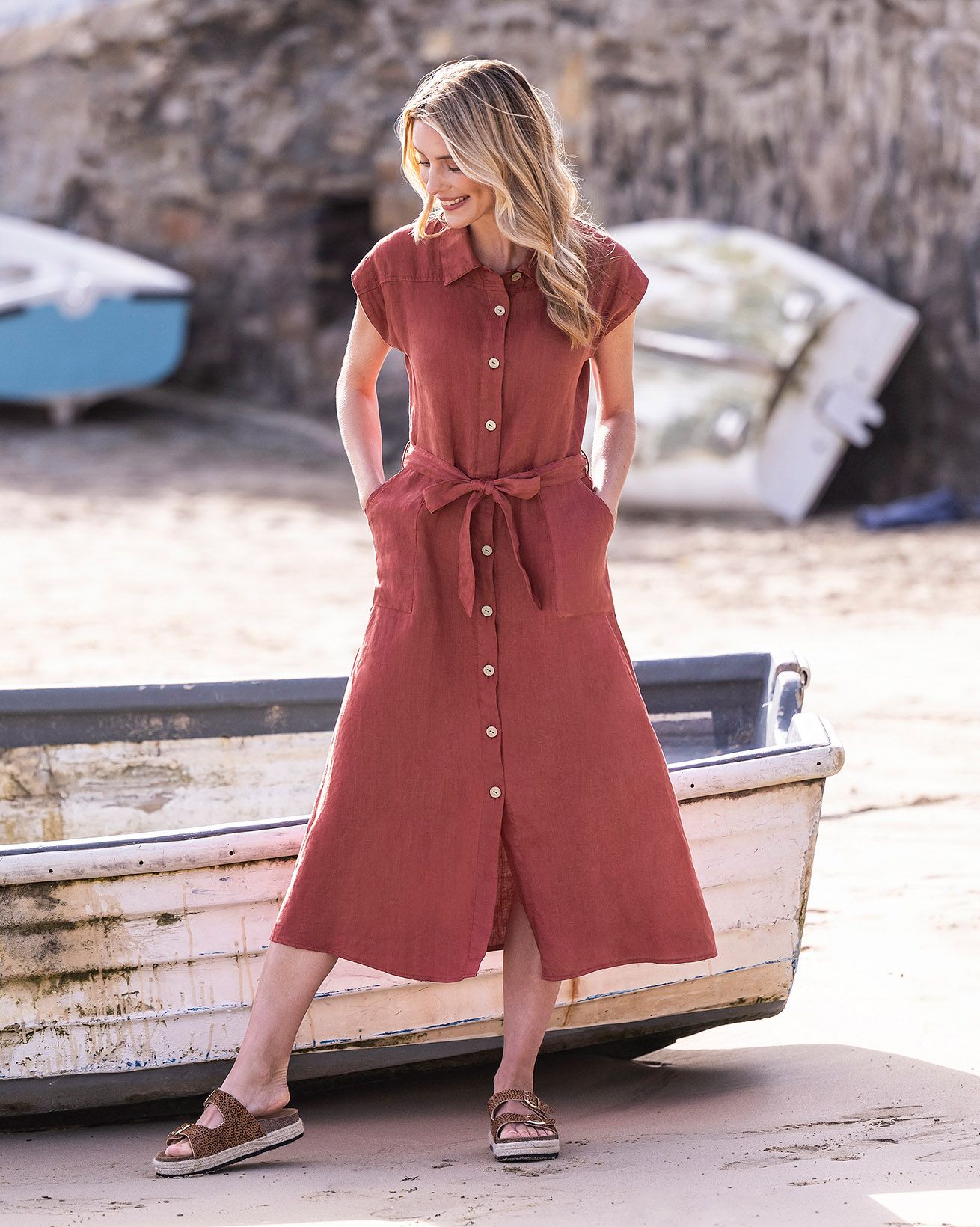 Linen Button Through Midi Shirt Dress