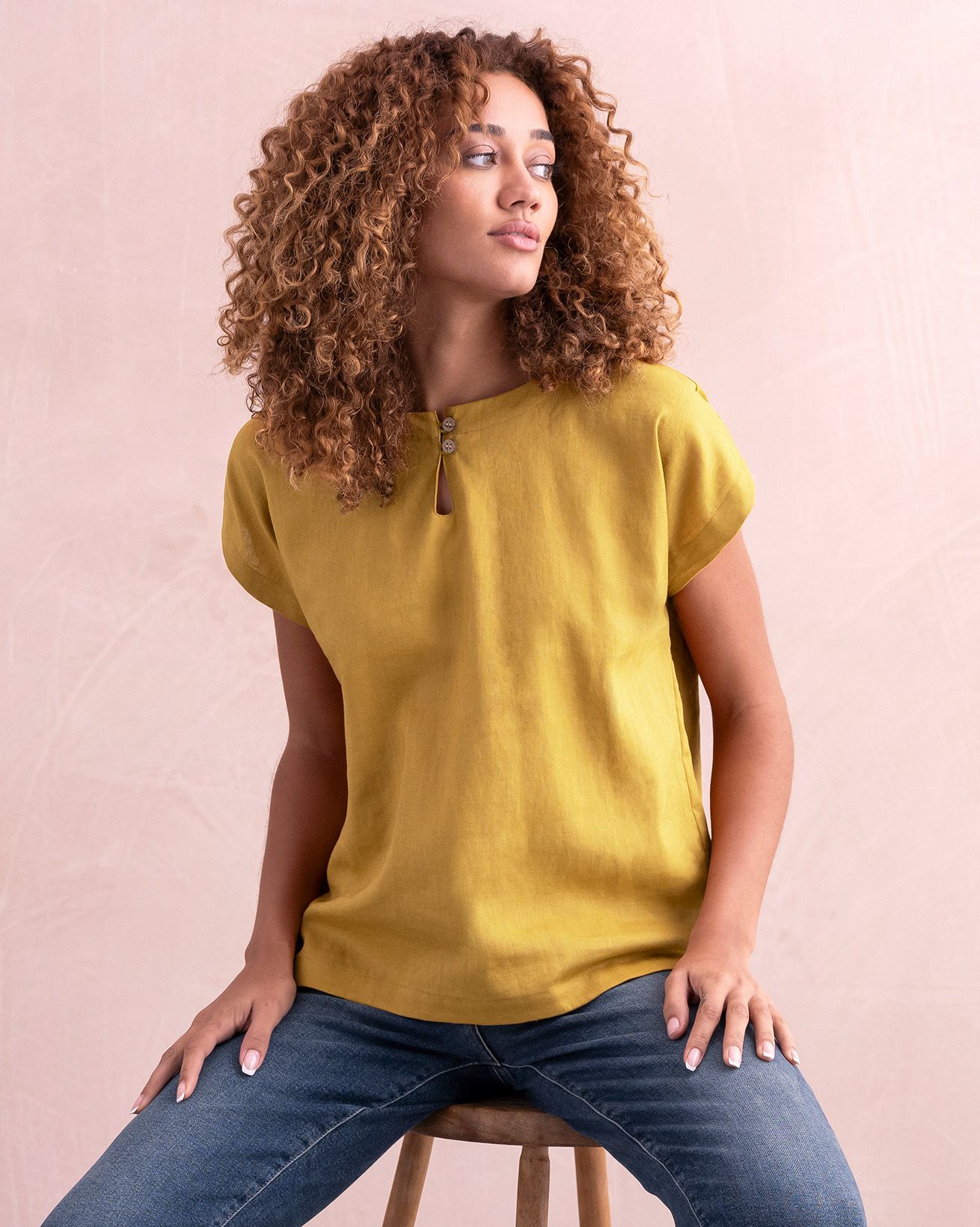 Linen Blend Button Detail Top