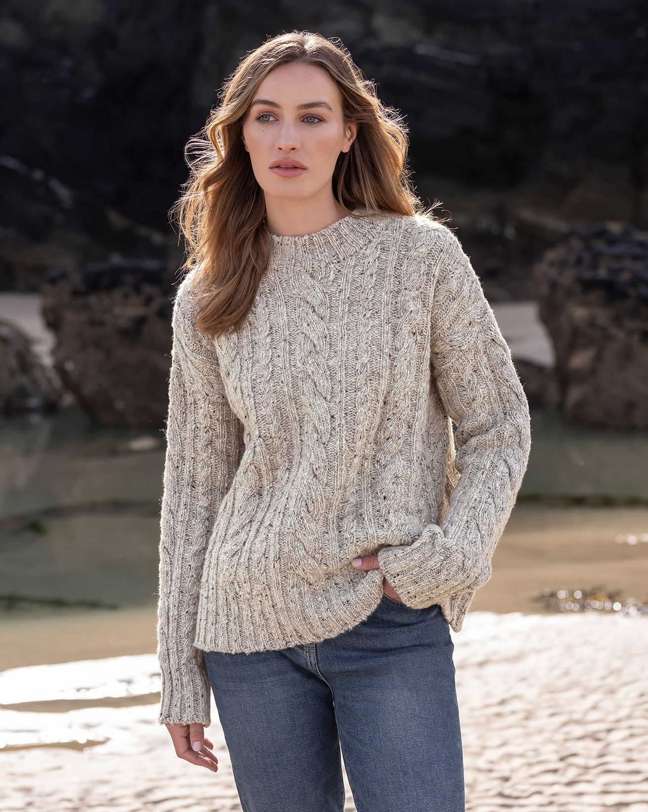 Zopfstrickpullover Aus Donegal-Wolle Mit Rundhalsausschnitt