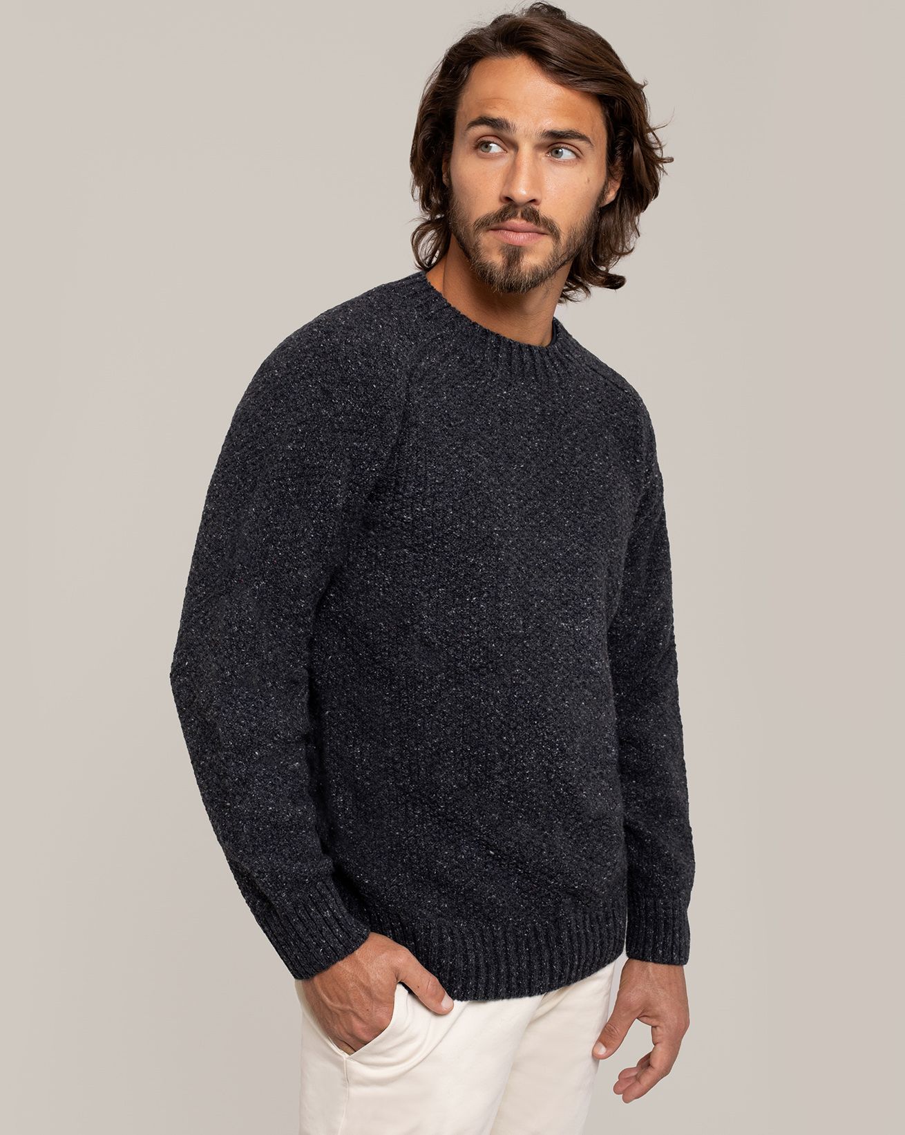 Pull pour homme en mélange de cachemire recyclé en point de riz