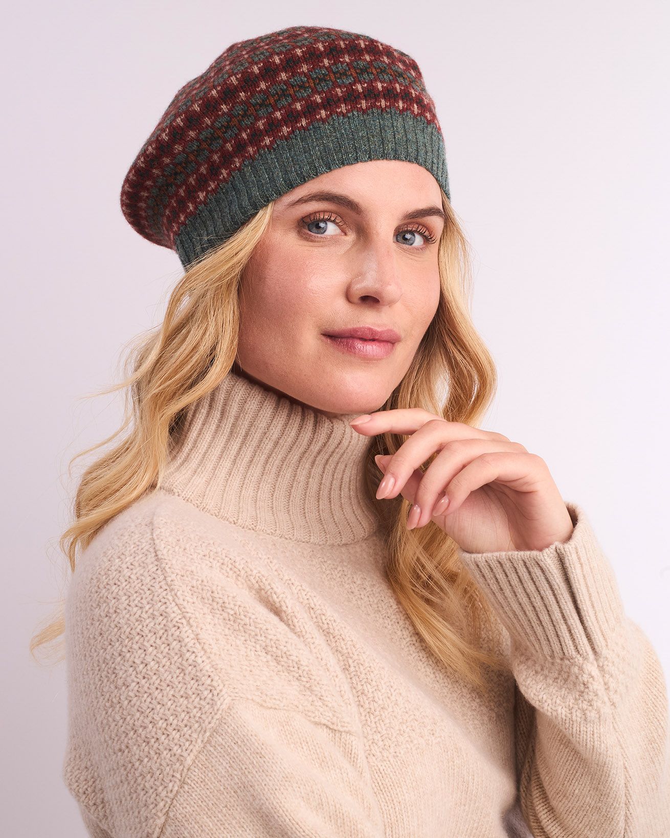 Baskenmütze aus Lammwolle mit Fair-Isle-Muster