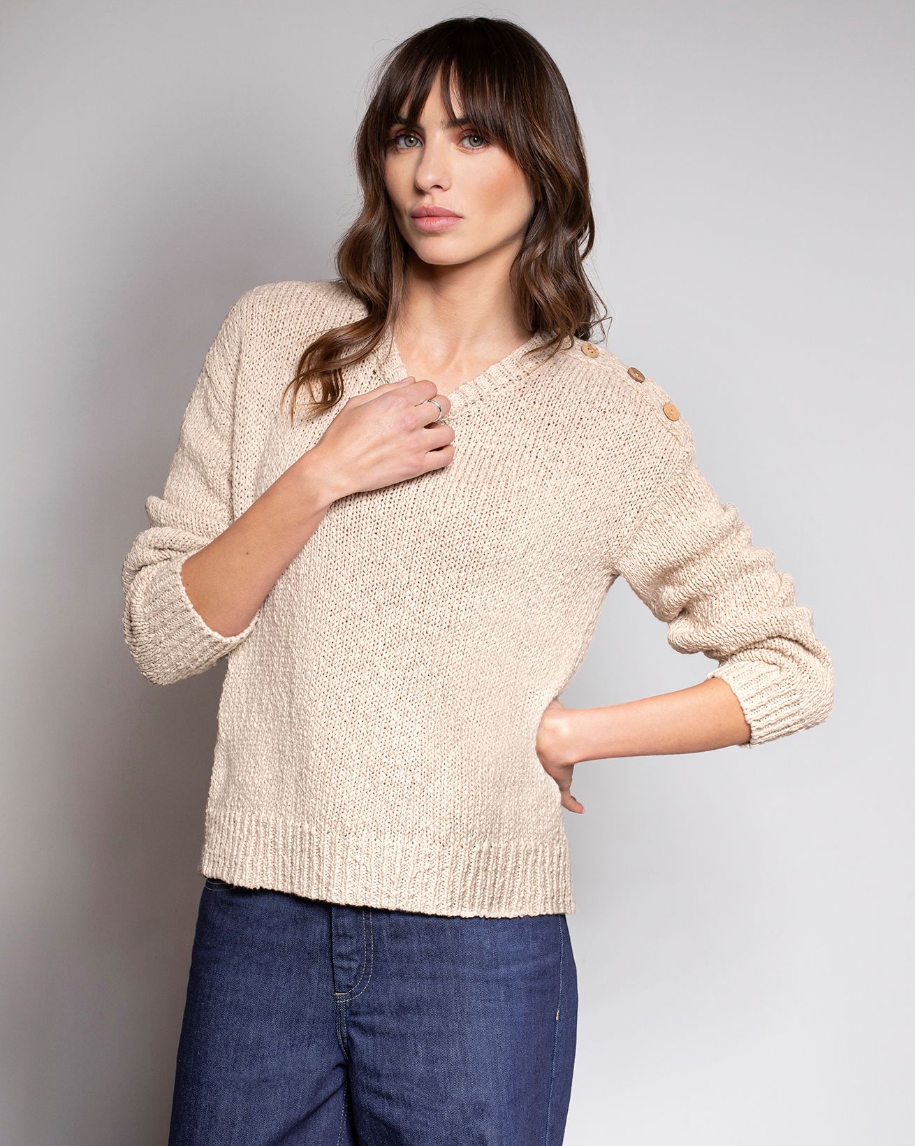 Linen Blend Slub Knit Button Detail Sweater