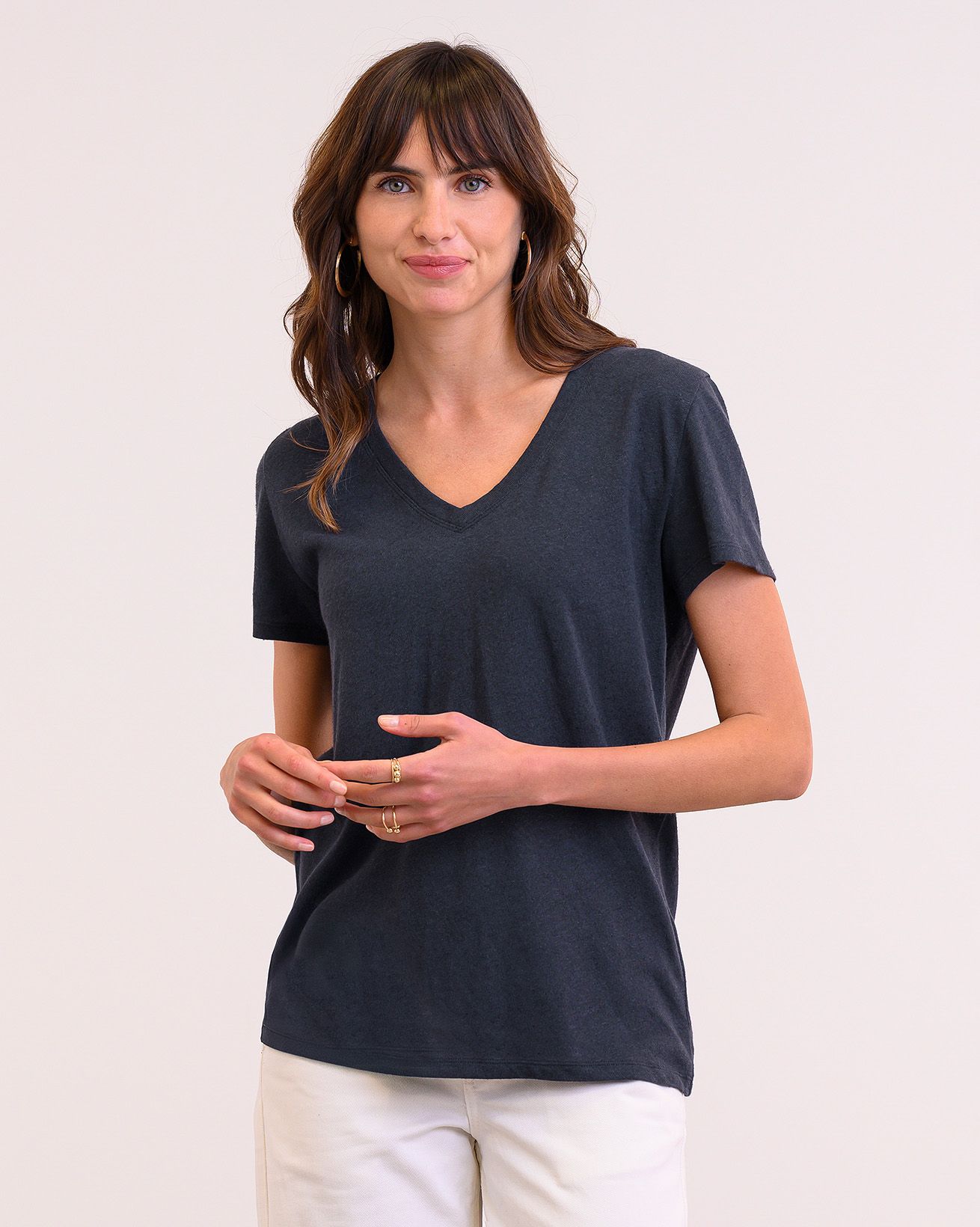Linen Blend V Neck T Shirt