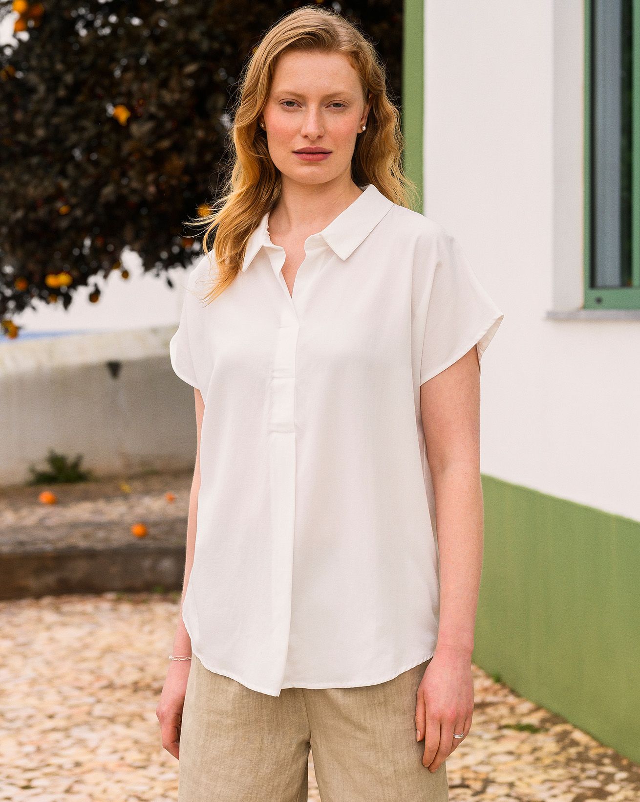 Linen Blend Grown On Short Sleeve Relaxed Blouse