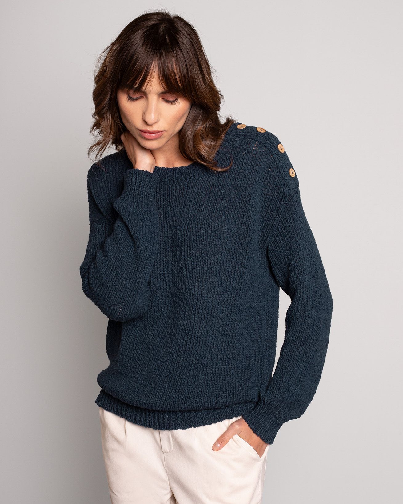 Linen Blend Slub Knit Button Detail Jumper