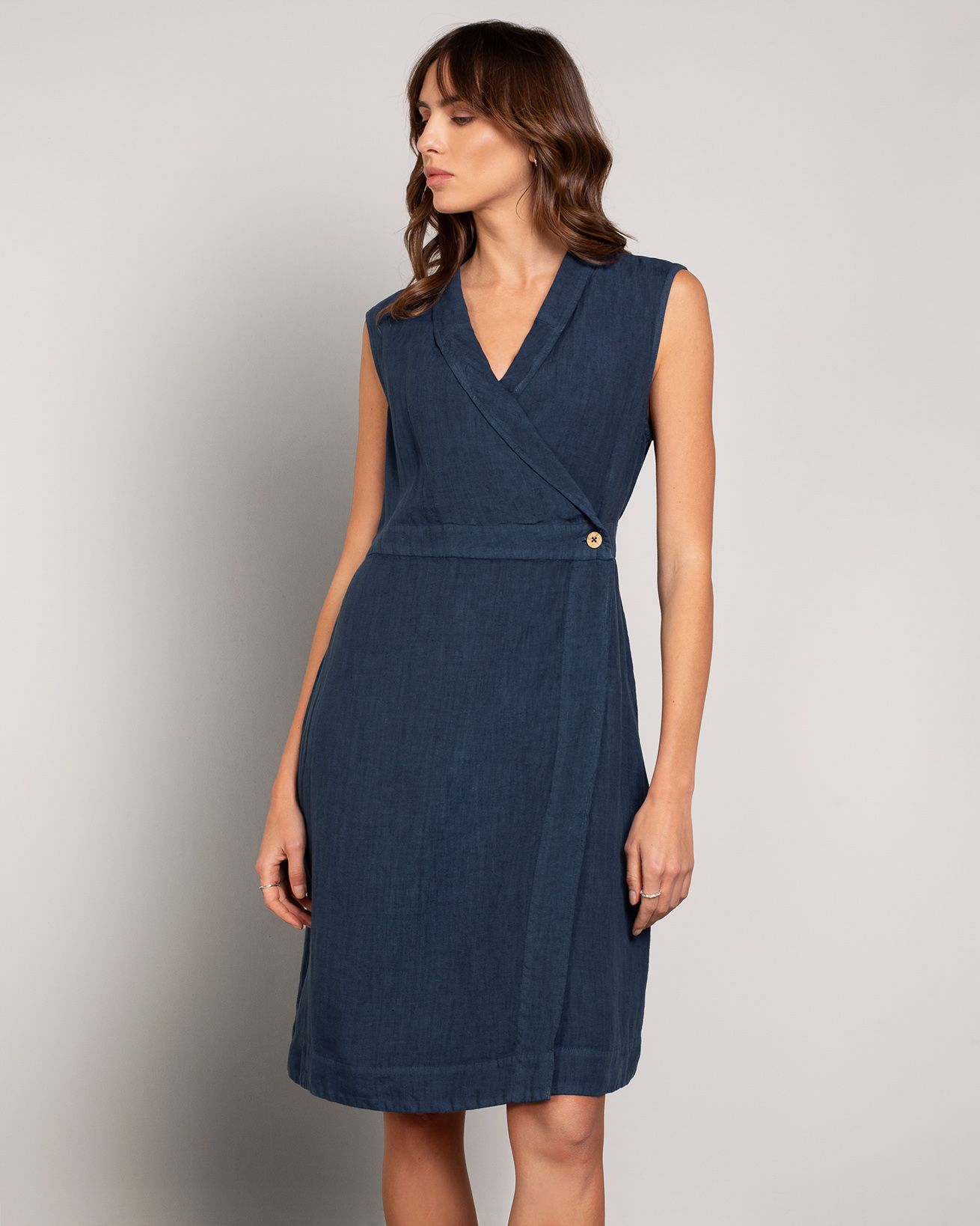 Linen Sleeveless Knee Length Wrap Dress