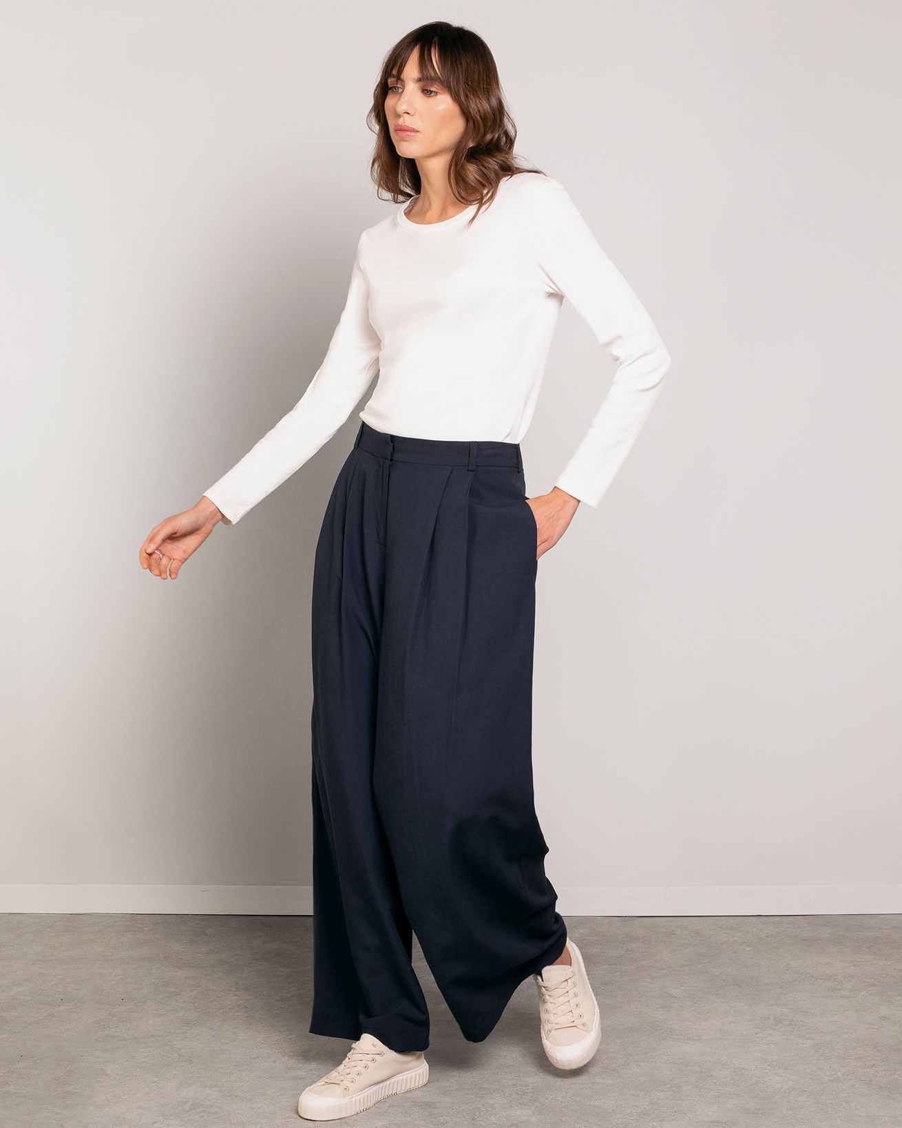 Linen Blend Wide Leg Drape Trousers