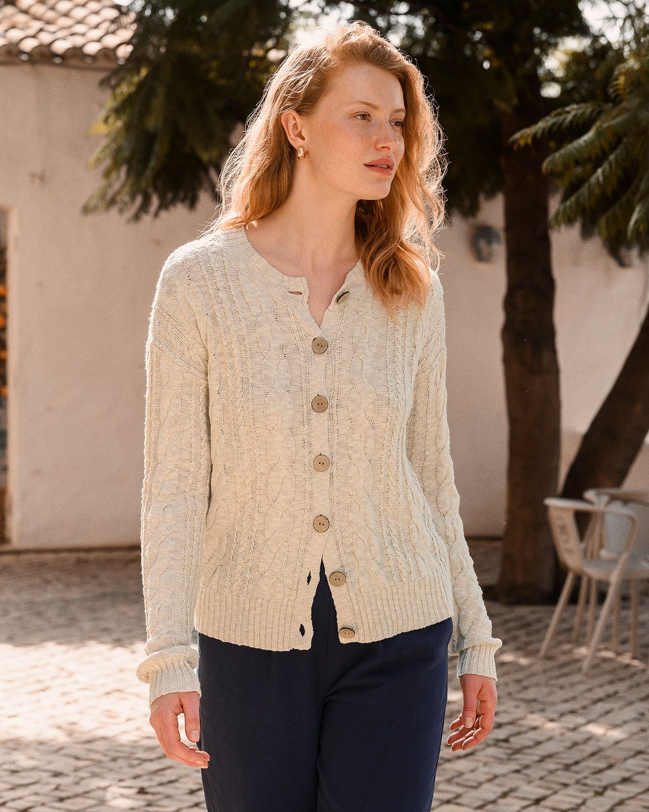 Linen Cable Crew Neck Cardigan