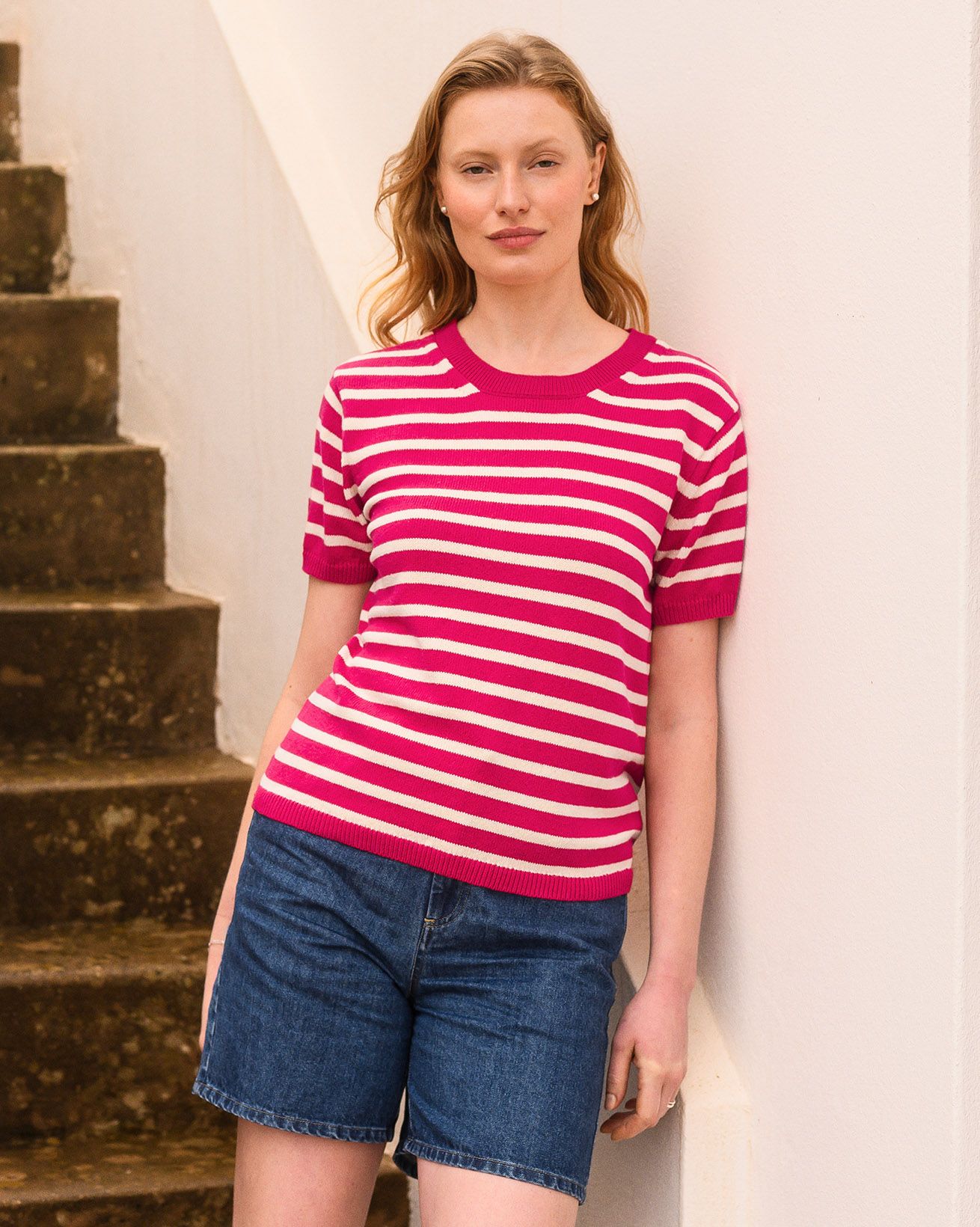 Organic Cotton Striped Knitted Crew Neck Top