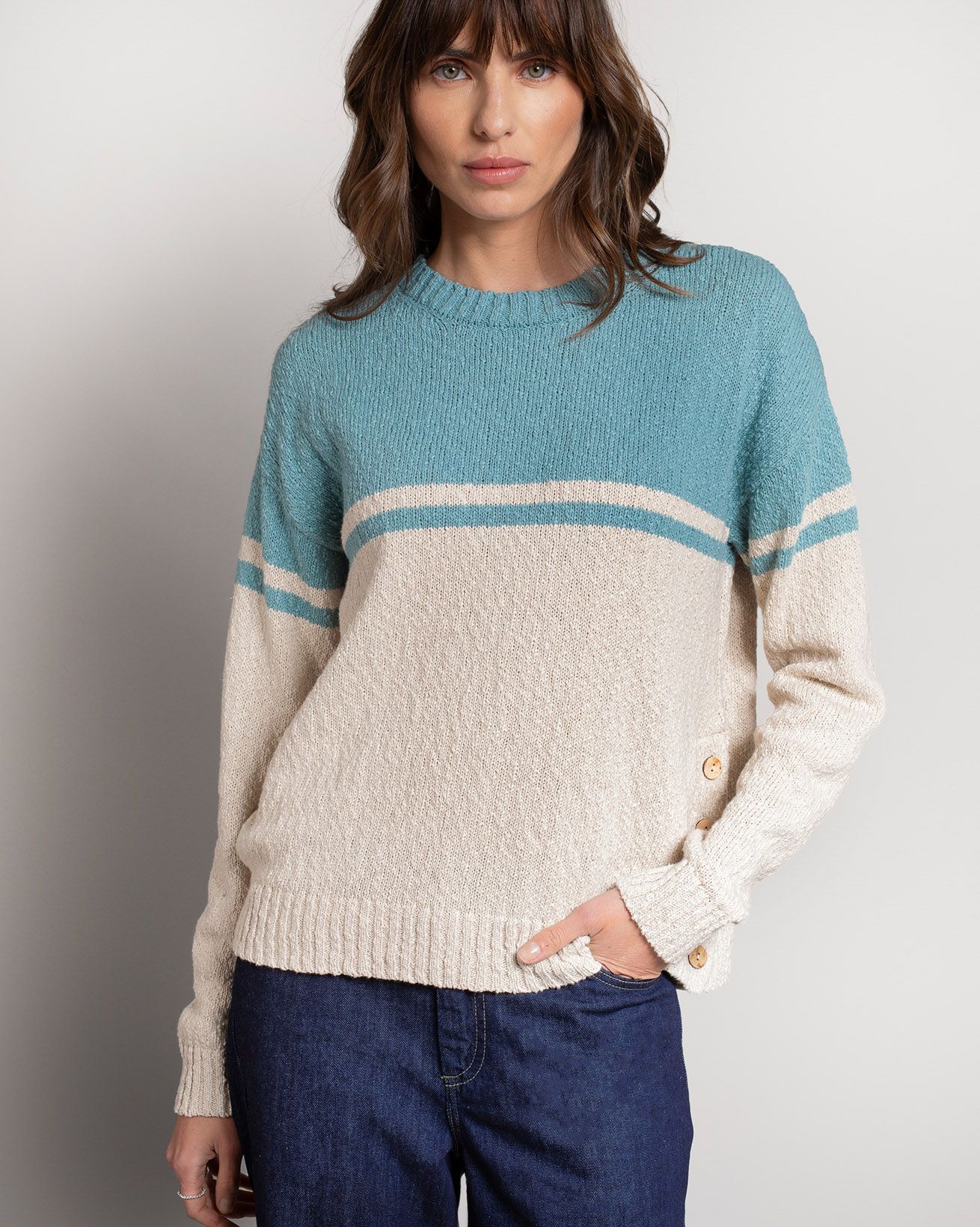 Linen Blend Slub Yarn Colourblock Sweater