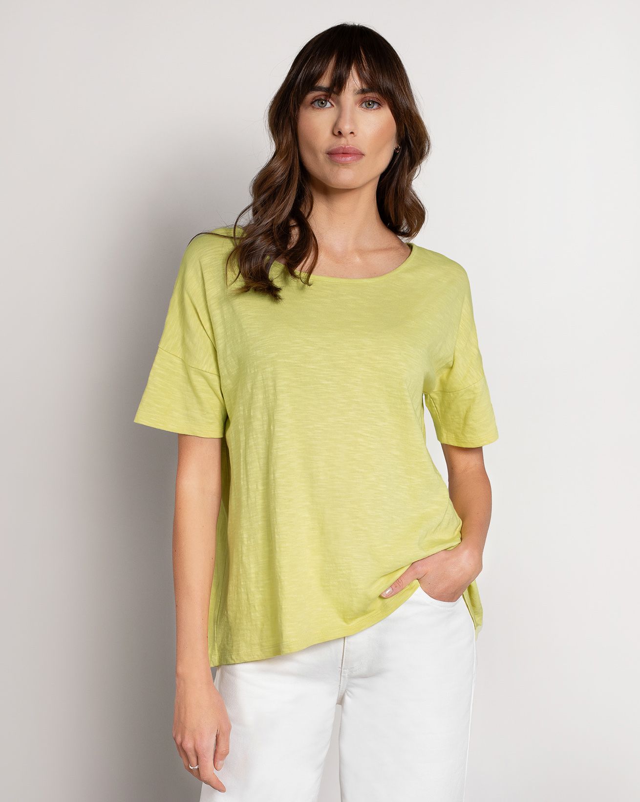 T-shirt en jersey flammé à épaules tombantes et drapé