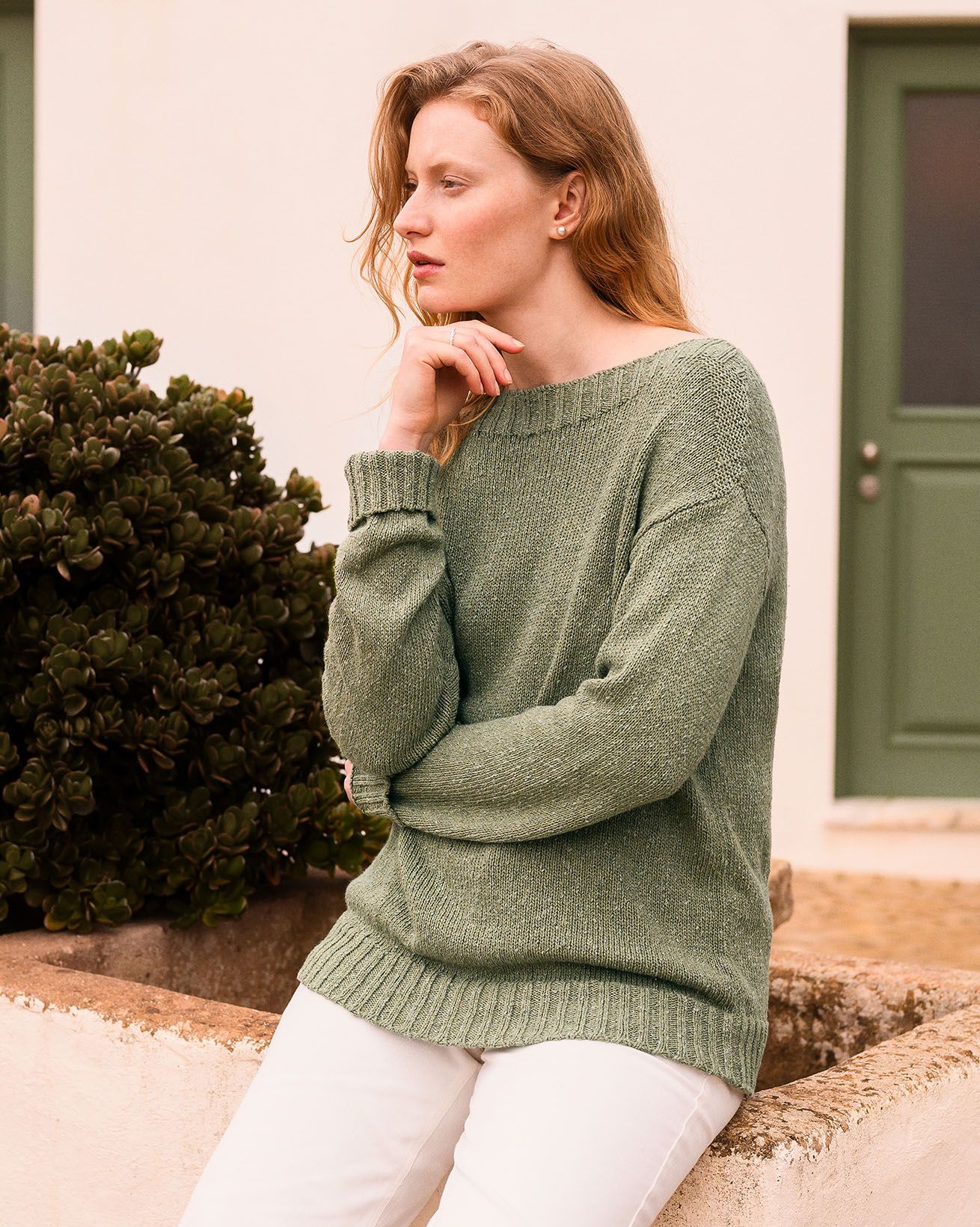 Linen Blend Slubby Fleck Boat Neck Sweater