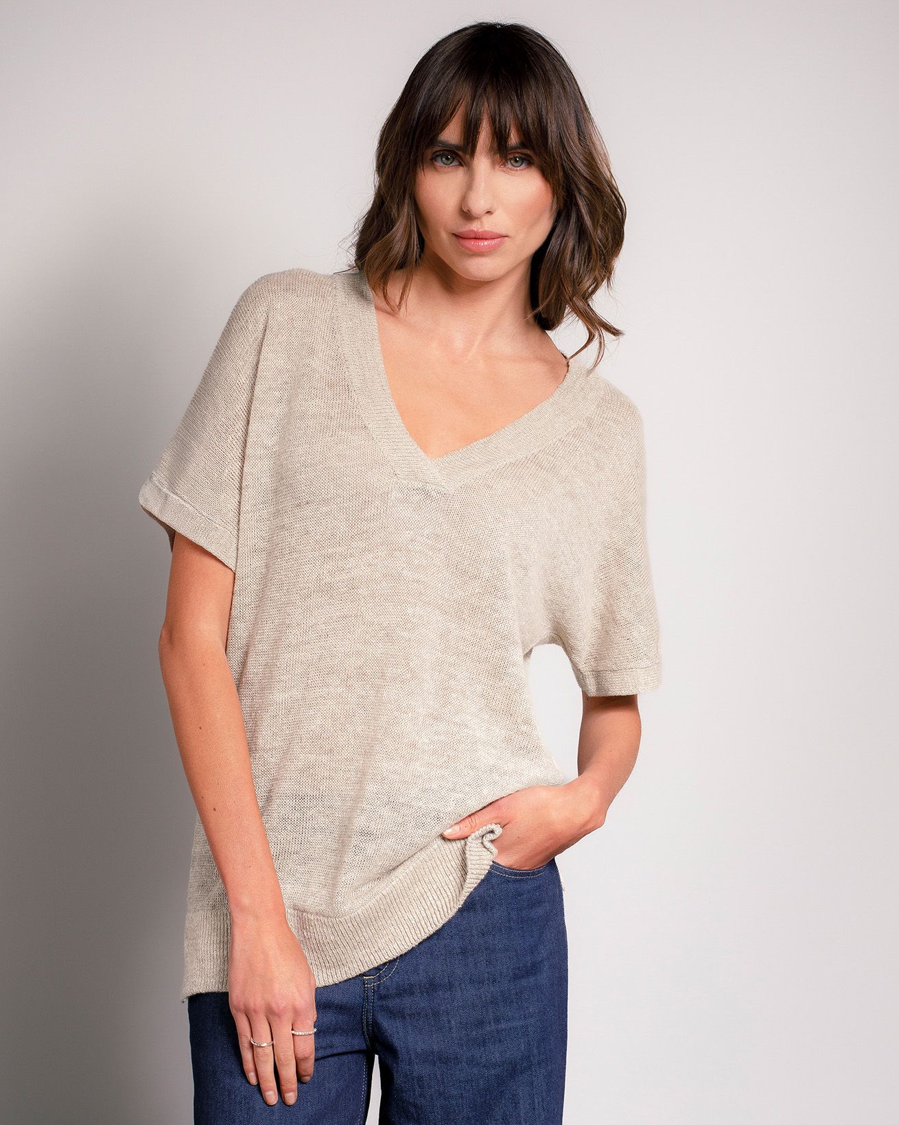 Linen Blend V Neck Slouch Knitted Top