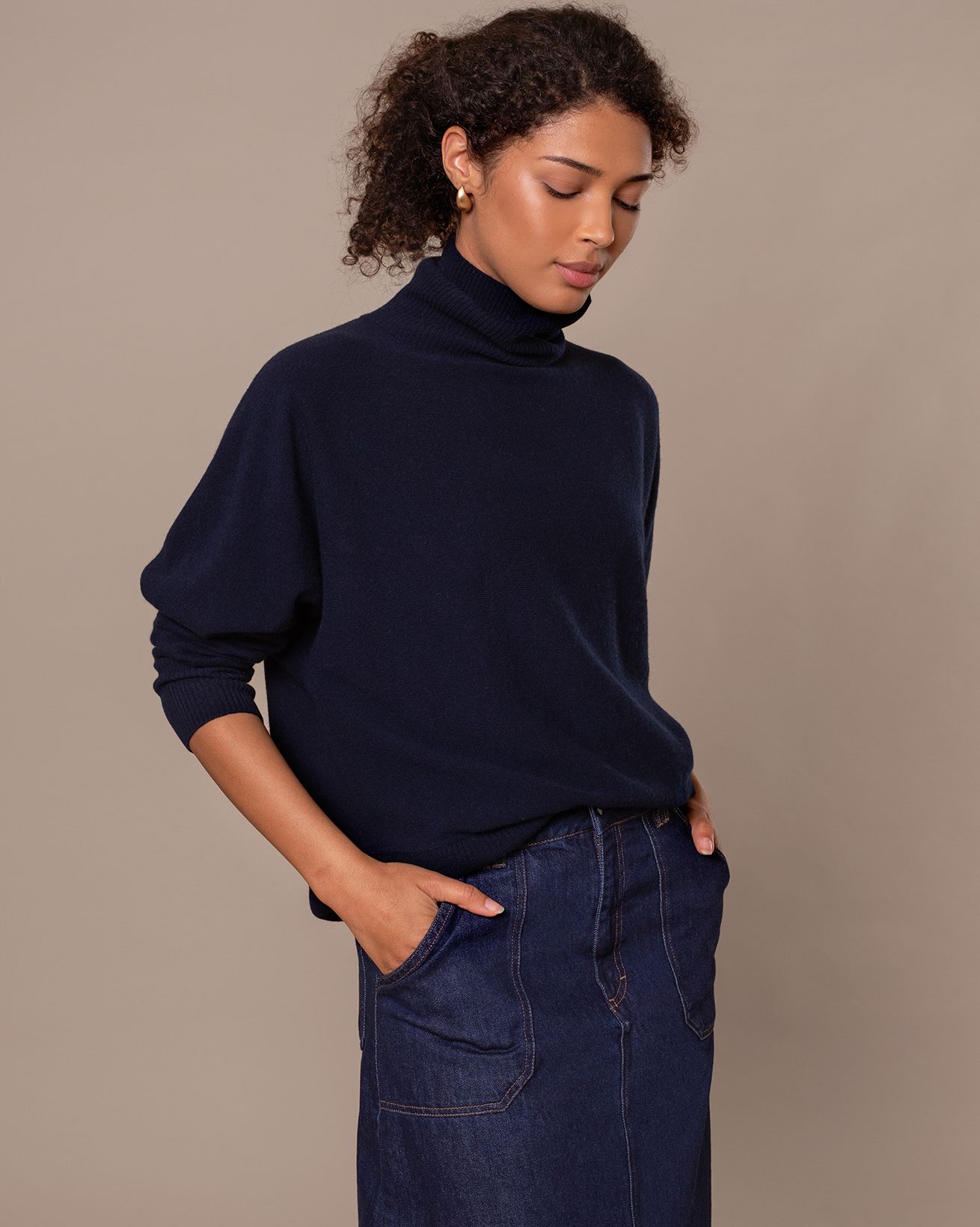 Lambswool Roll Neck Drop Sleeve Jumper