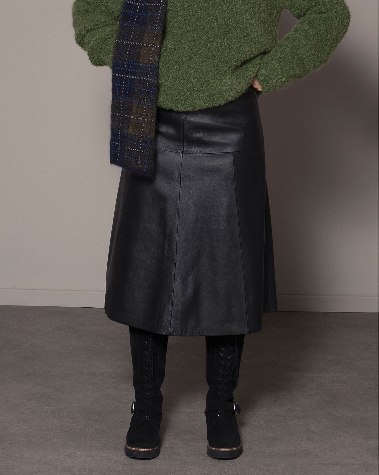 Leather Seamed Midi Skirt